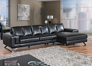 Cortesi Home Contemporary Manhattan Genuine Leather Sectional Sofa with Right Facing Chaise Lounge, Black 116" Wide
