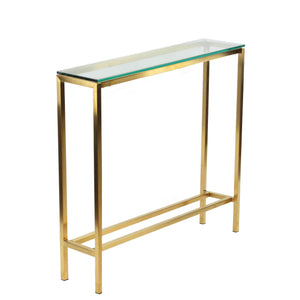 Cortesi Home Julie Console Table, Brushed Gold Color with Clear 10mm Glass, Skinny 28" x 8"