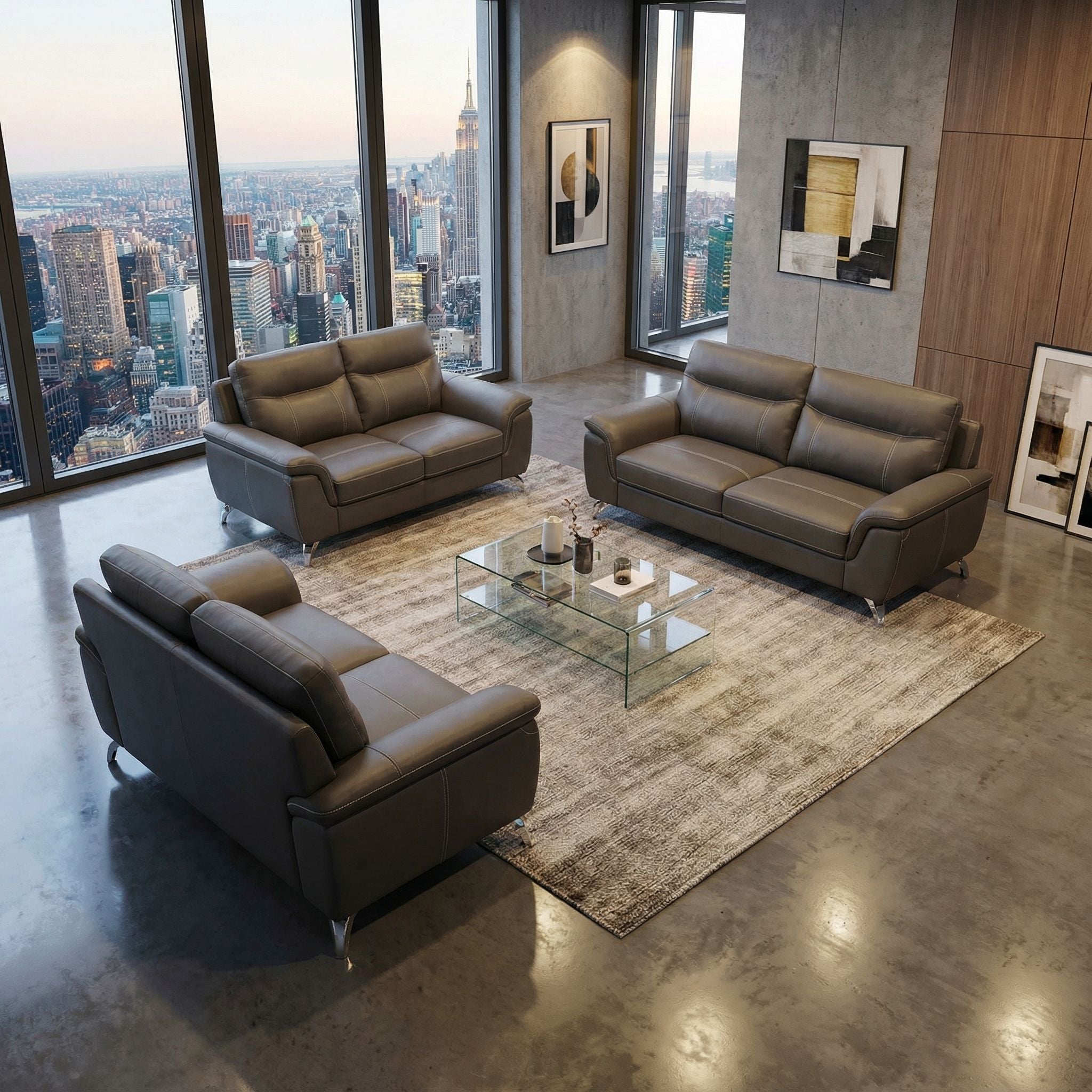 Chicago Genuine Leather Loveseat, Dark Grey 66"