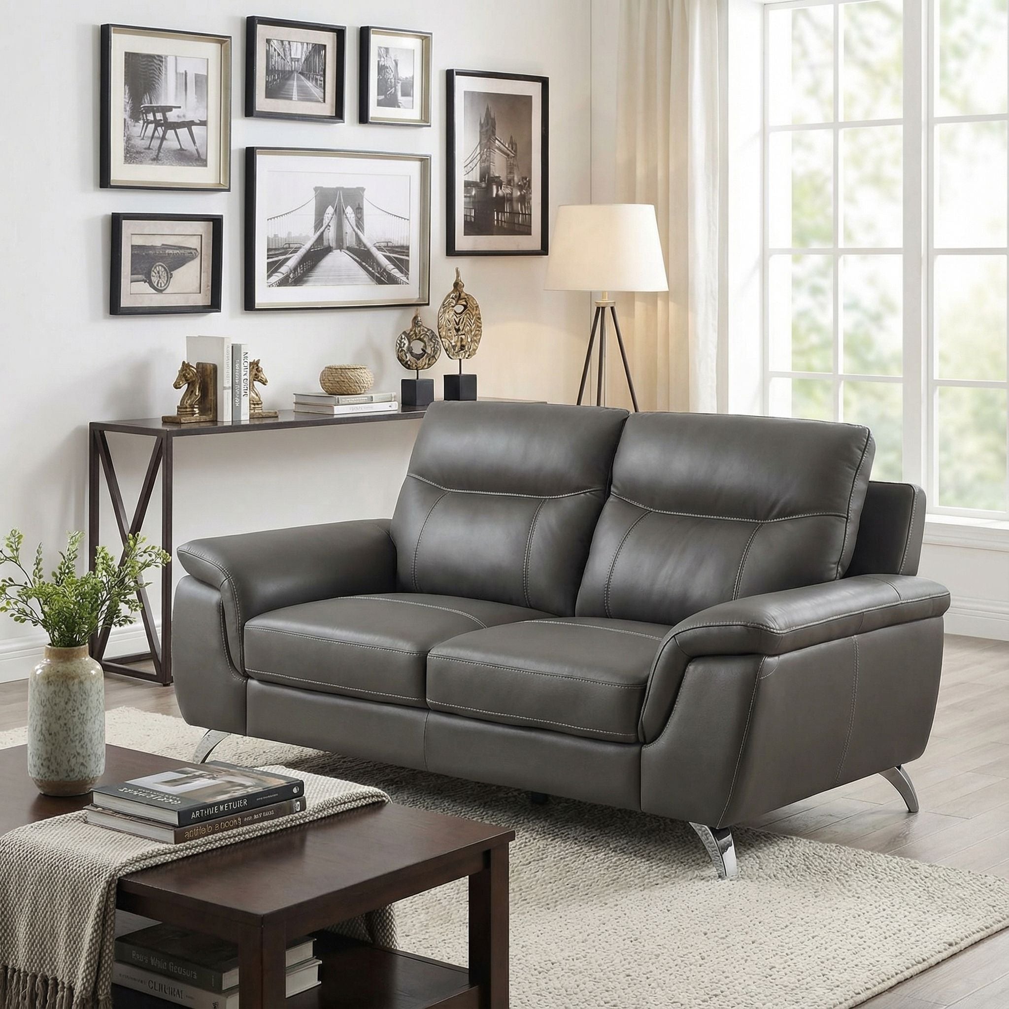 Chicago Genuine Leather Loveseat, Dark Grey 66"