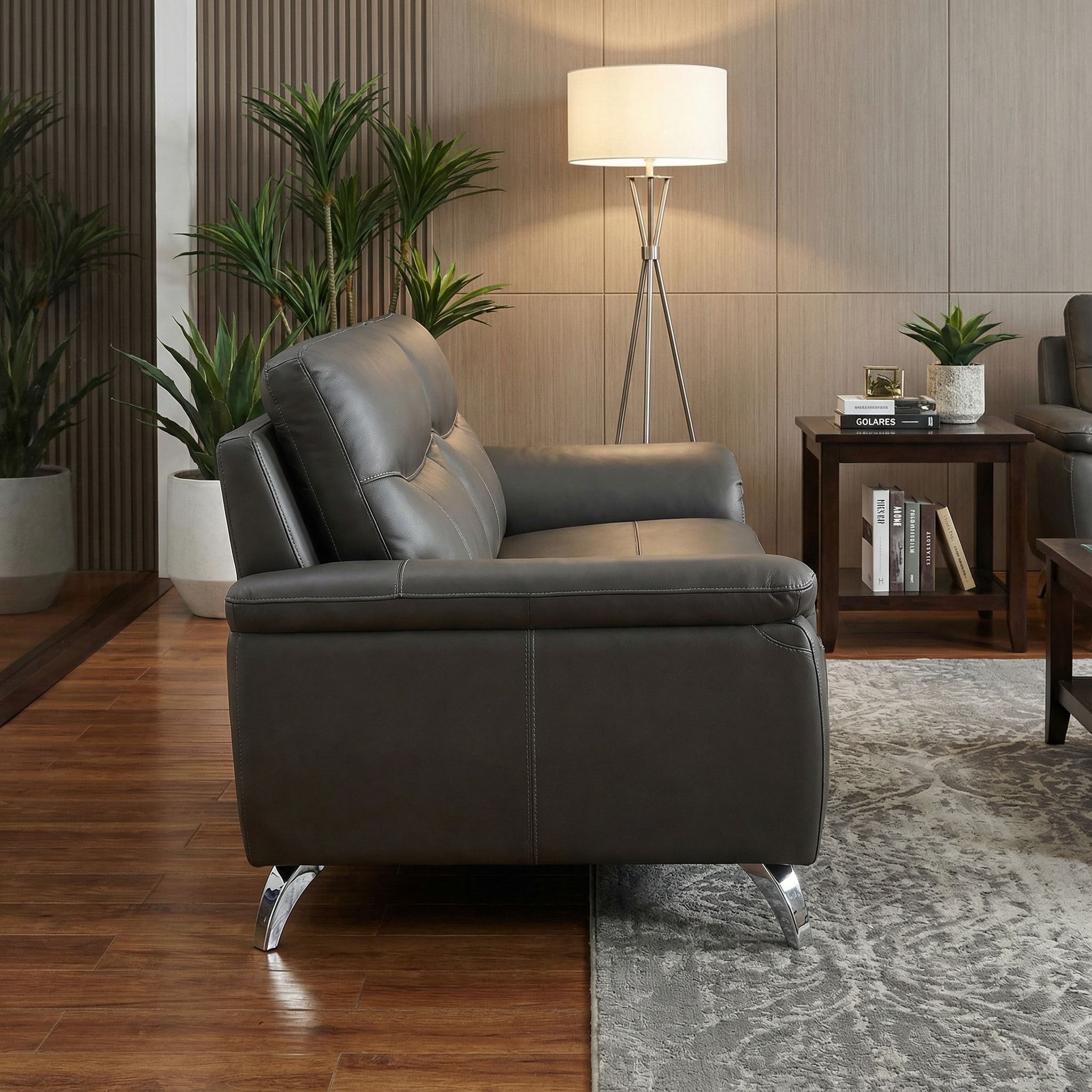 Chicago Genuine Leather Loveseat, Dark Grey 66"