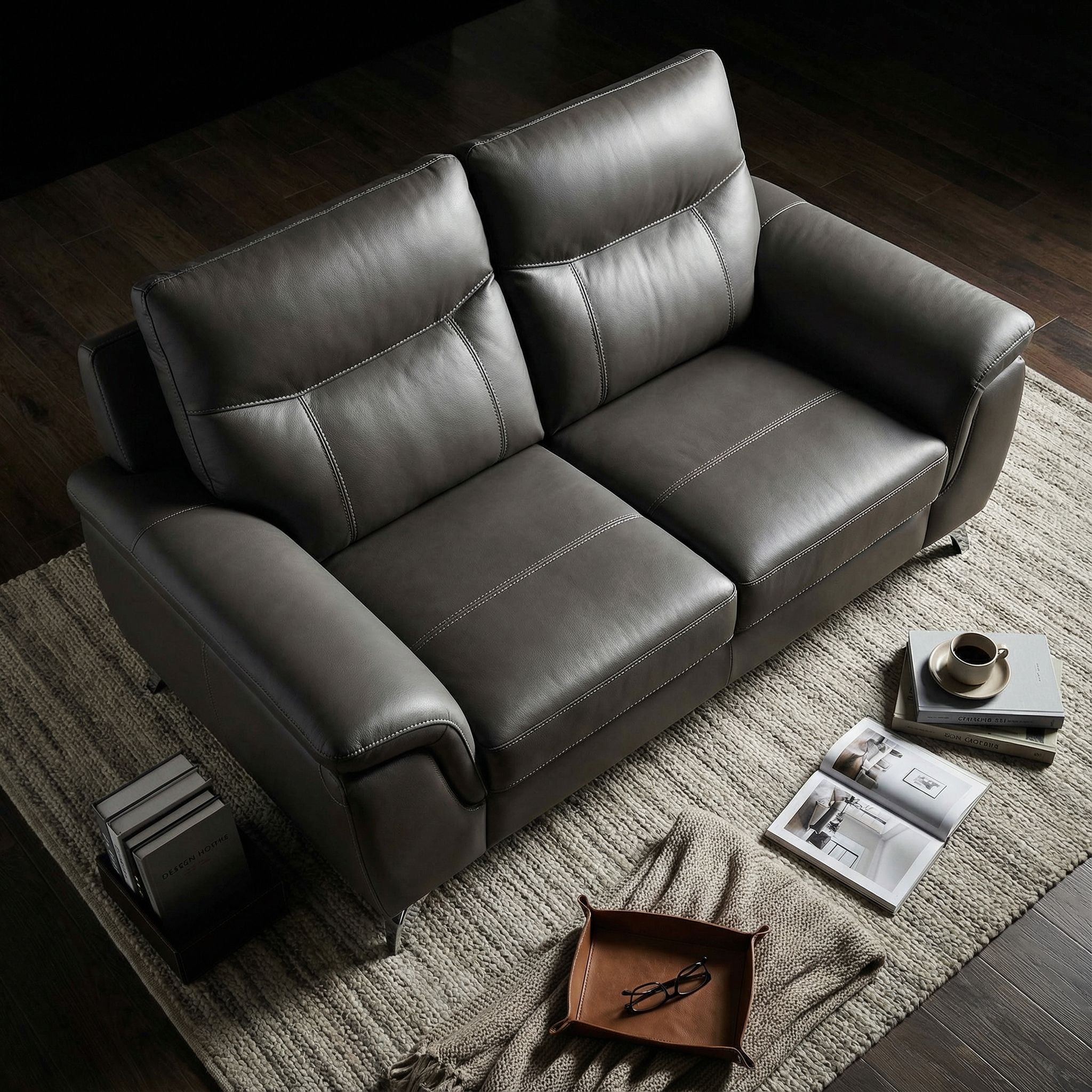 Chicago Genuine Leather Loveseat, Dark Grey 66"