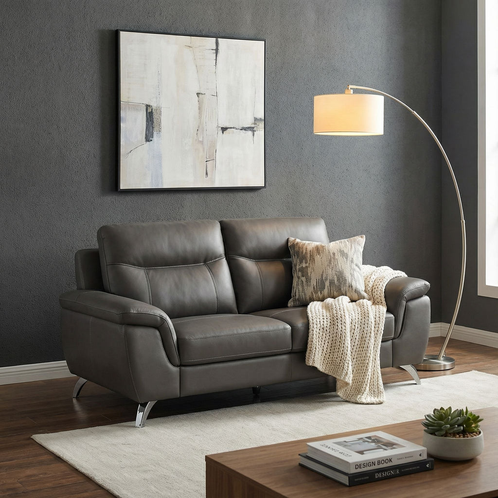 Chicago Genuine Leather Loveseat, Dark Grey 66"