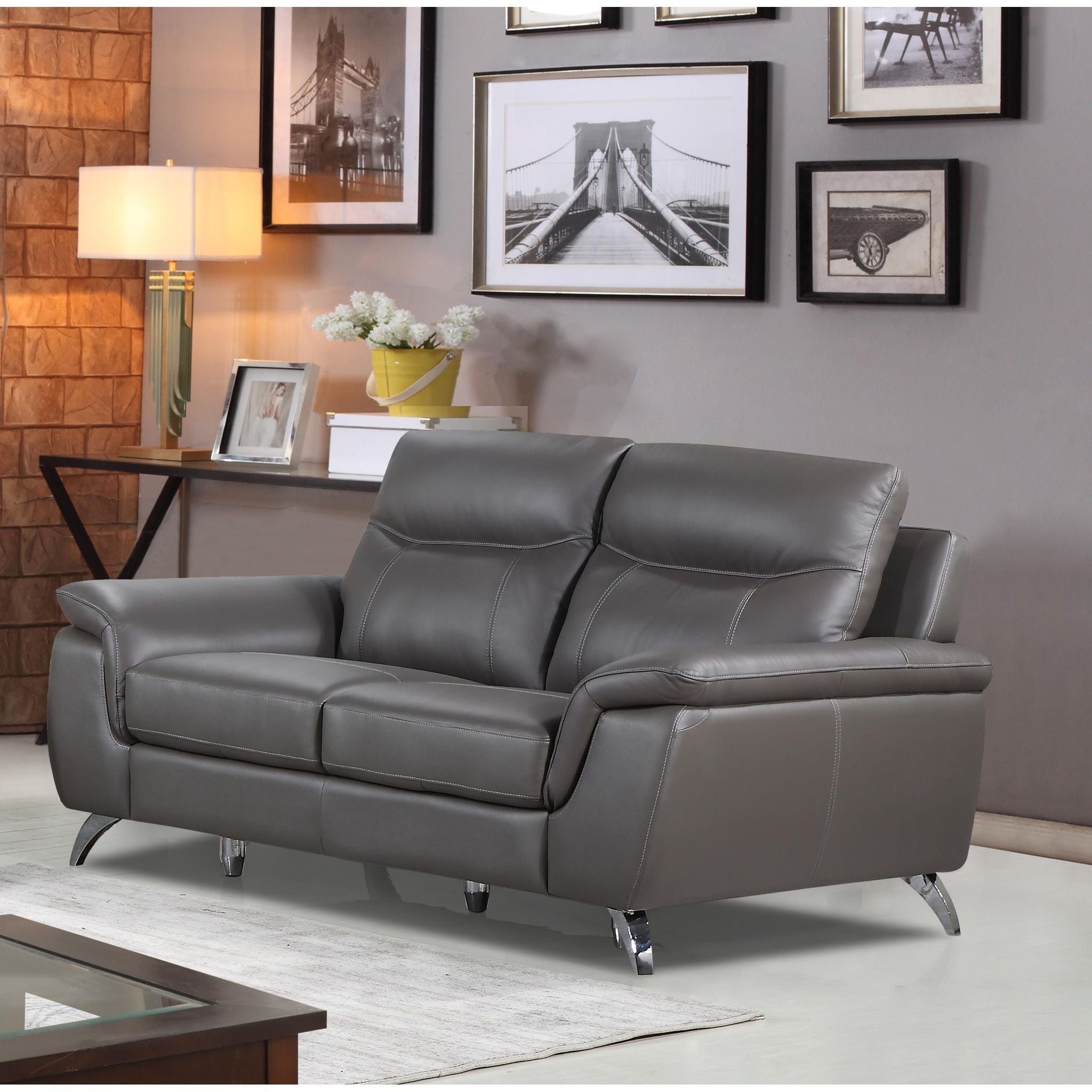 Chicago Genuine Leather Loveseat, Dark Grey 66"