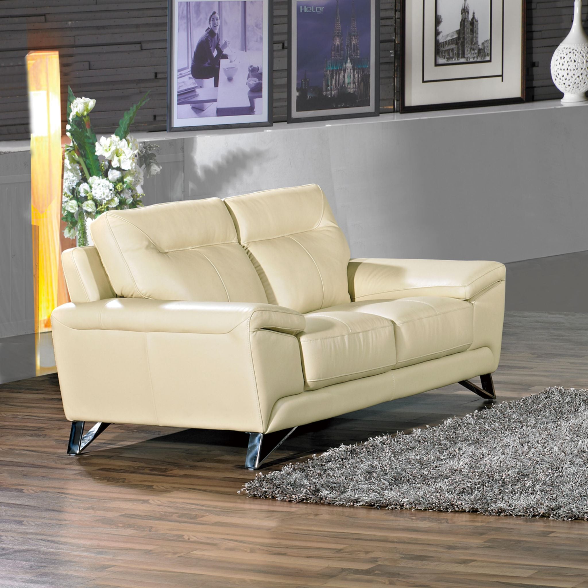 Phoenix Genuine Leather Loveseat, Cream 64"