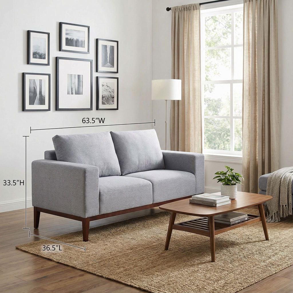 Roma Loveseat in Soft Grey Fabric with Wood Legs, 64"