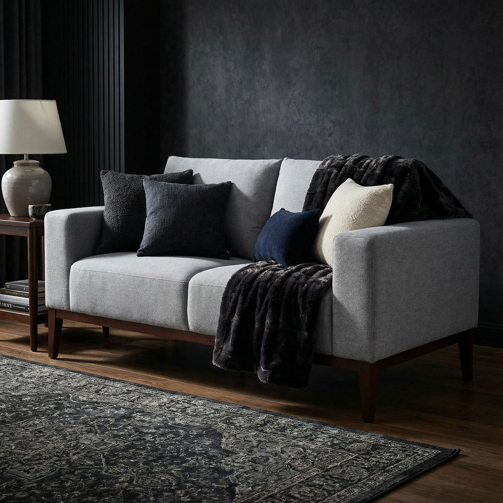 Roma Loveseat in Soft Grey Fabric with Wood Legs, 64"