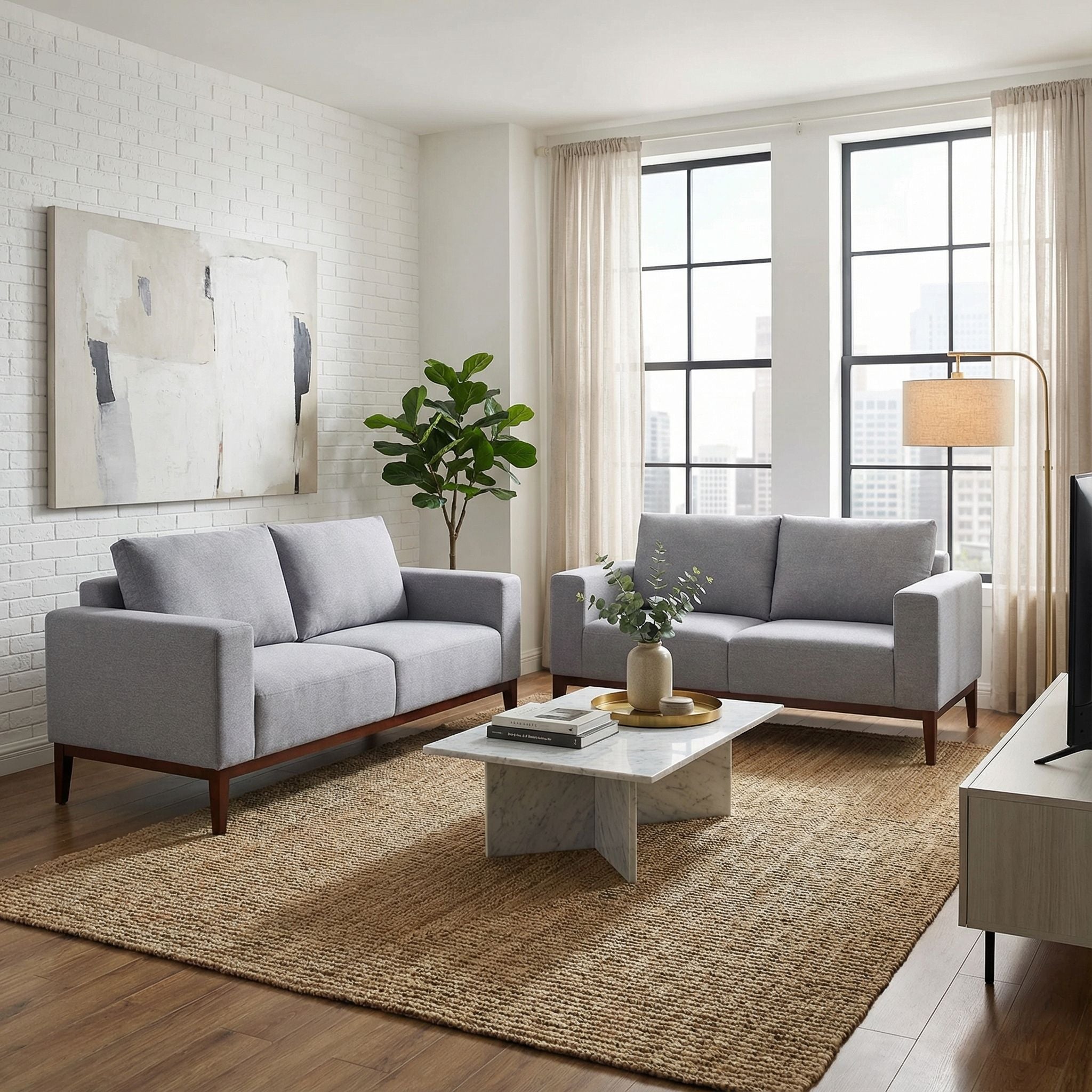 Roma Loveseat in Soft Grey Fabric with Wood Legs, 64"