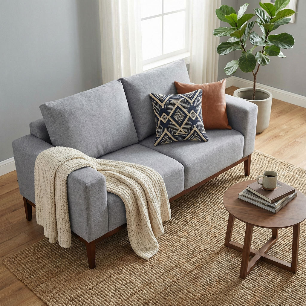 Roma Loveseat in Soft Grey Fabric with Wood Legs, 64"