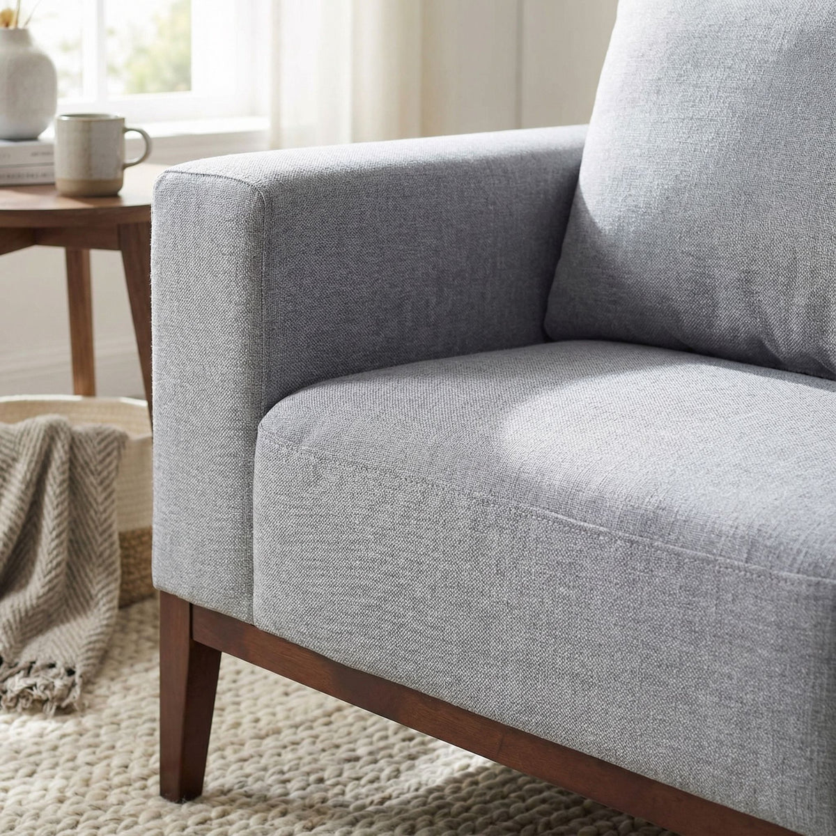 Roma Loveseat in Soft Grey Fabric with Wood Legs, 64"