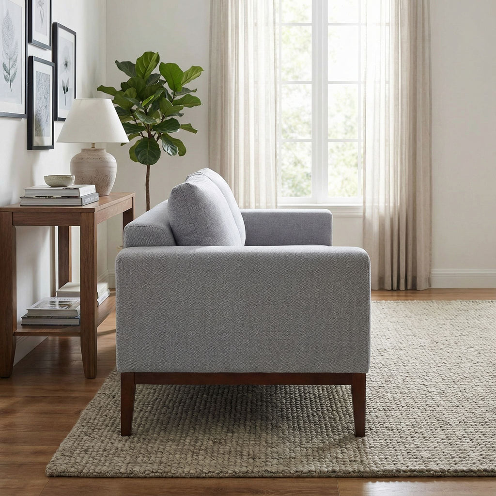 Roma Loveseat in Soft Grey Fabric with Wood Legs, 64"