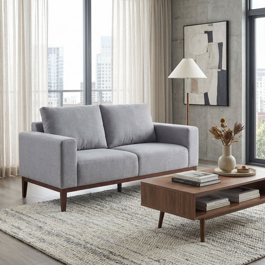 Roma Loveseat in Soft Grey Fabric with Wood Legs, 64"