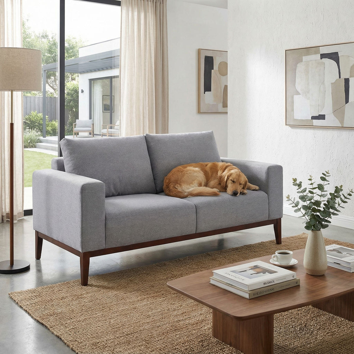Roma Loveseat in Soft Grey Fabric with Wood Legs, 64"