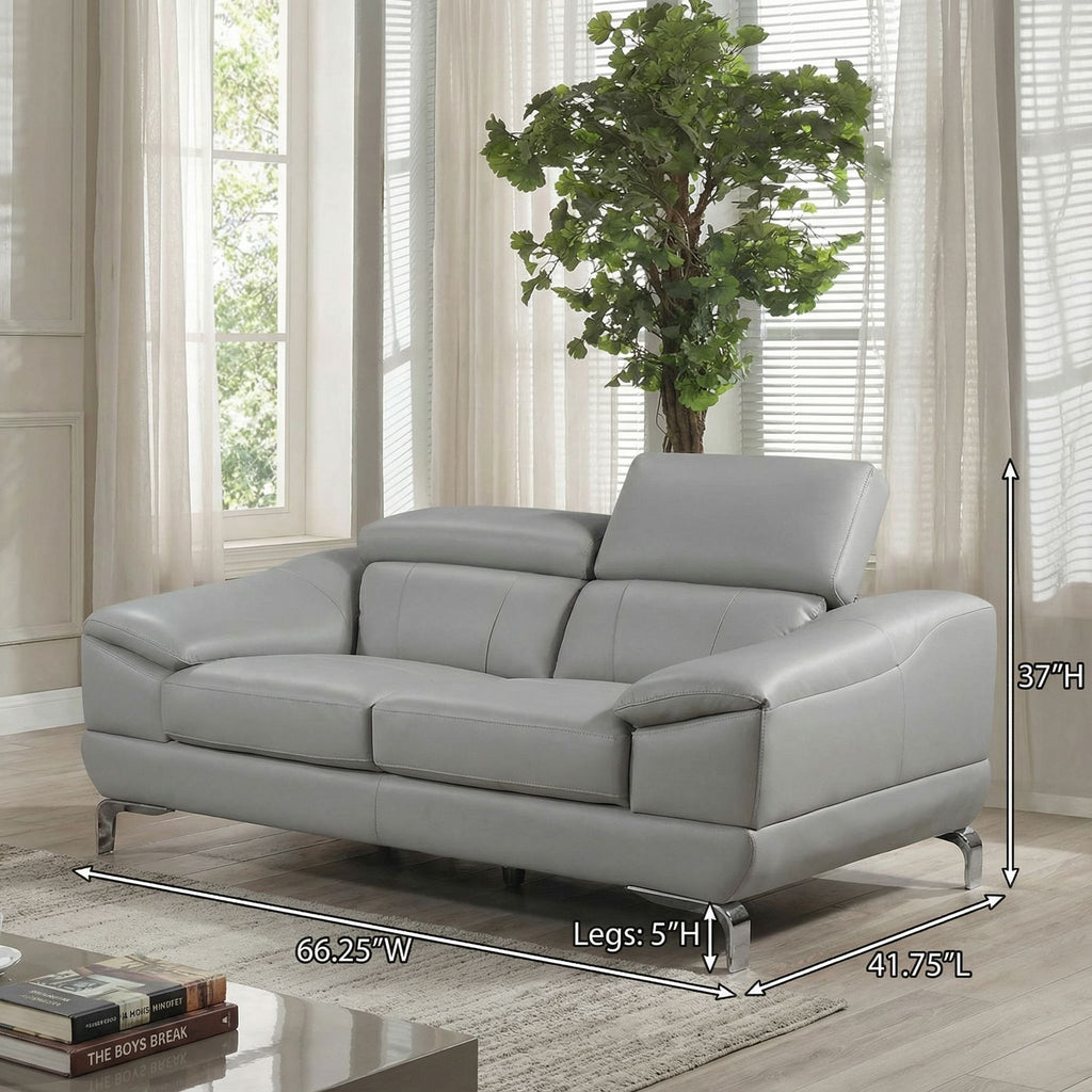 Vegas Genuine Leather Loveseat with Adjustable Headrests, Light Grey 66"