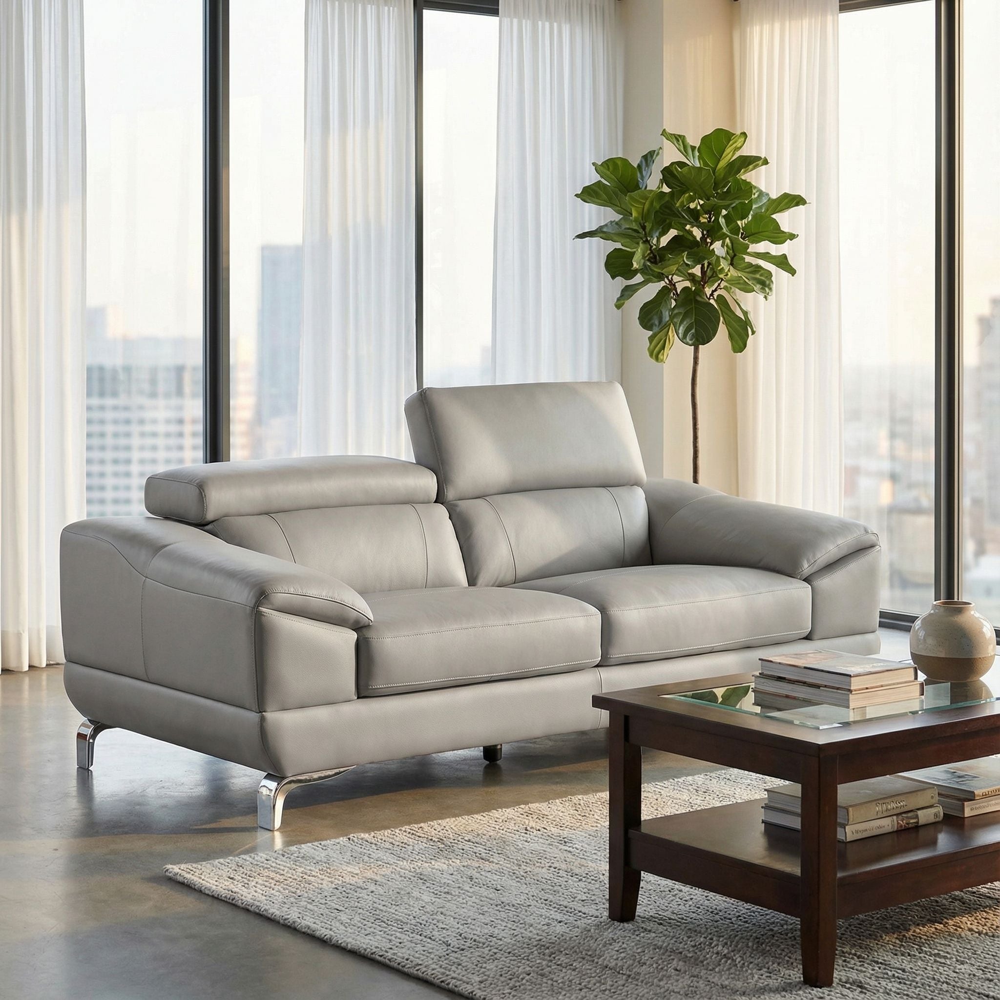 Vegas Genuine Leather Loveseat with Adjustable Headrests, Light Grey 66"