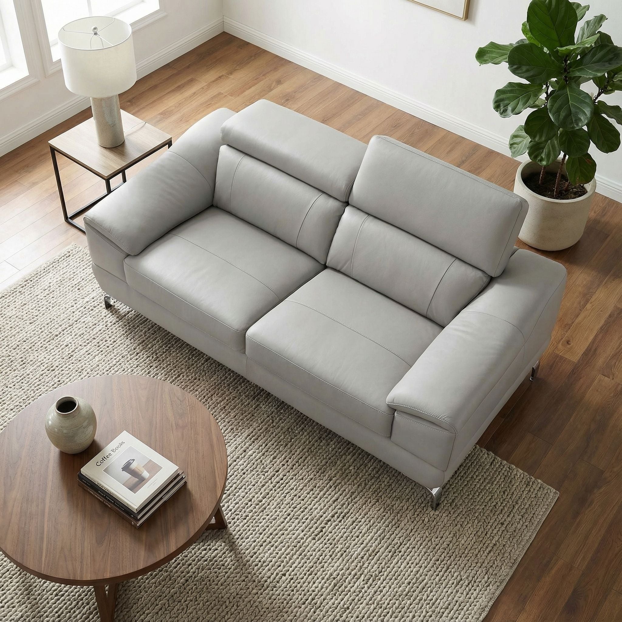 Vegas Genuine Leather Loveseat with Adjustable Headrests, Light Grey 66"