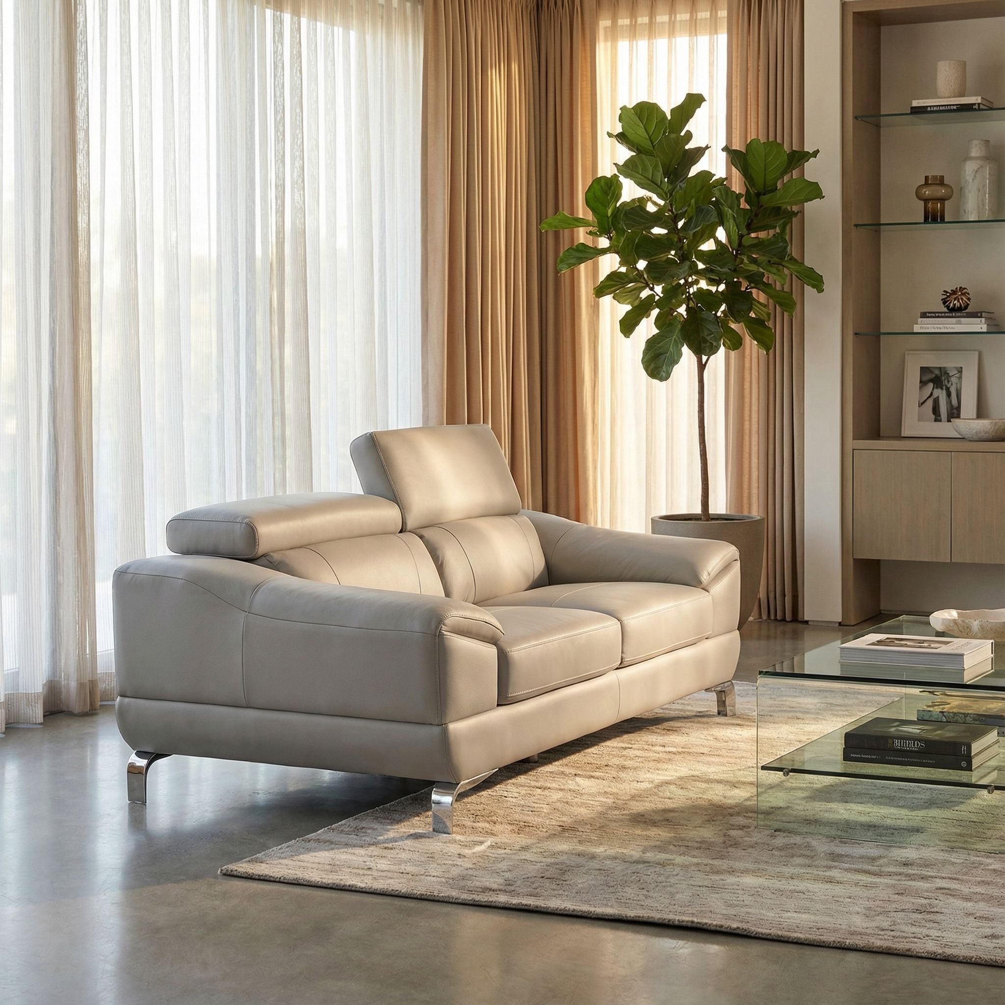 Vegas Genuine Leather Loveseat with Adjustable Headrests, Light Grey 66"