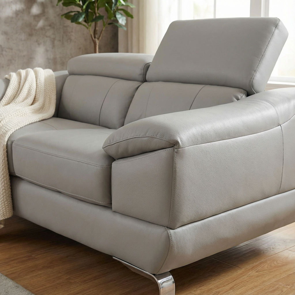 Vegas Genuine Leather Loveseat with Adjustable Headrests, Light Grey 66"