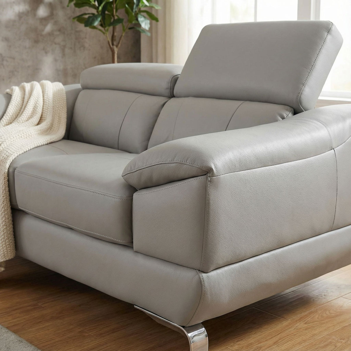 Vegas Genuine Leather Loveseat with Adjustable Headrests, Light Grey 66"