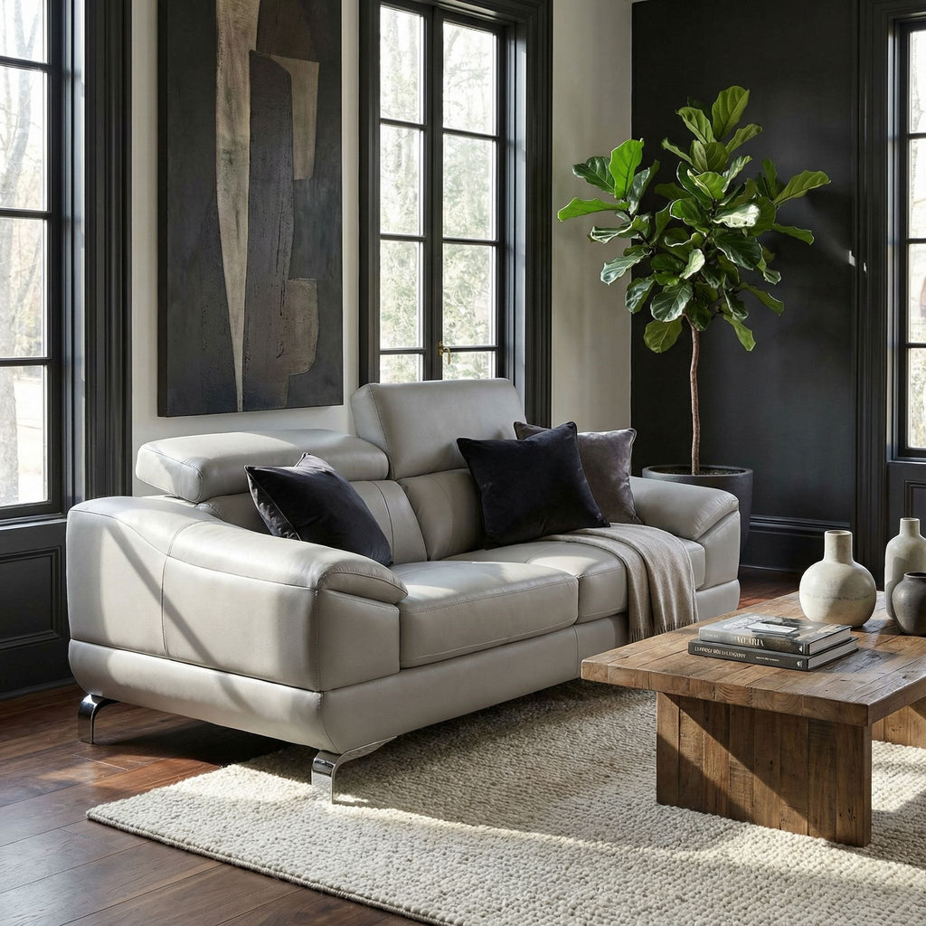 Vegas Genuine Leather Loveseat with Adjustable Headrests, Light Grey 66"