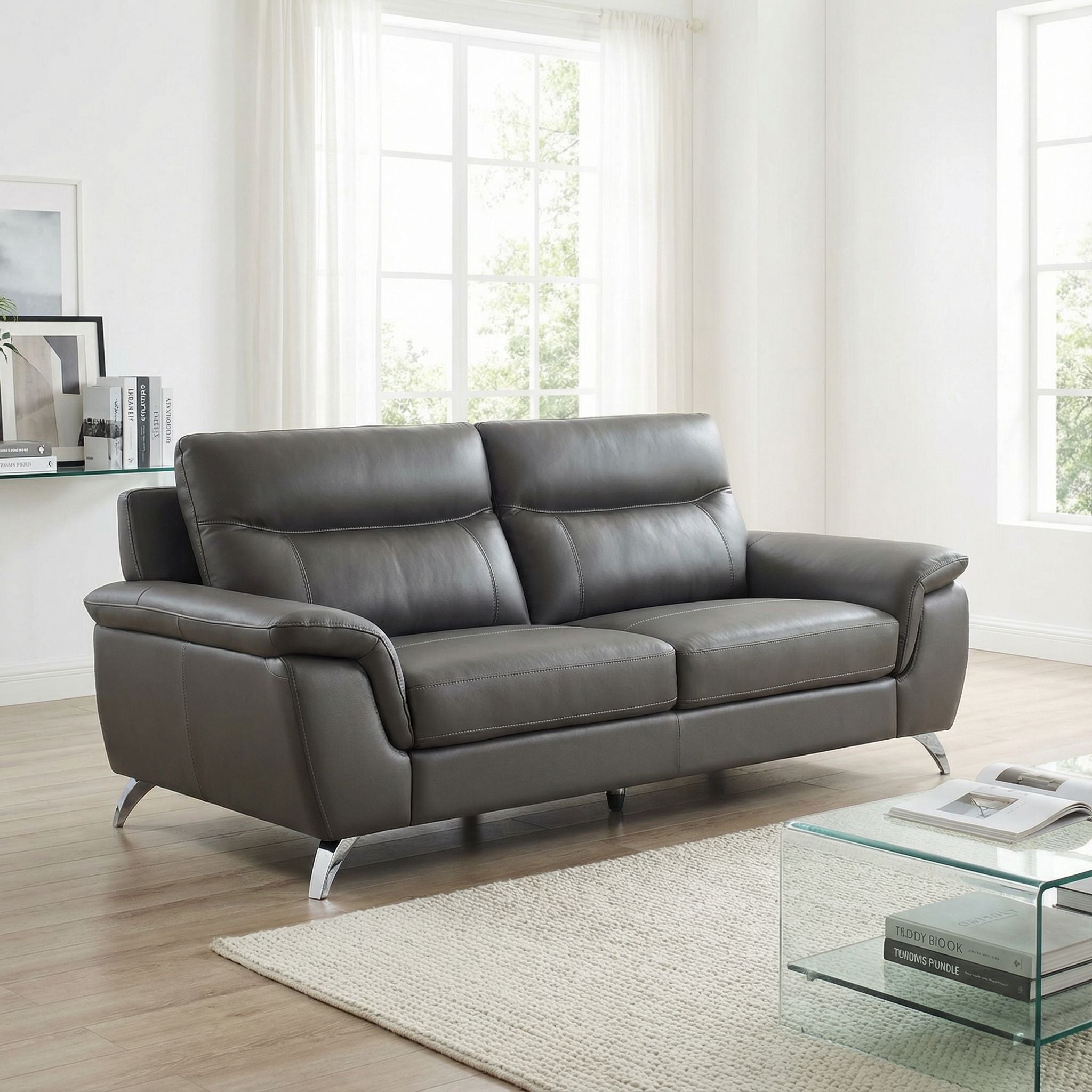 Chicago Genuine Leather Sofa, Dark Grey 79"