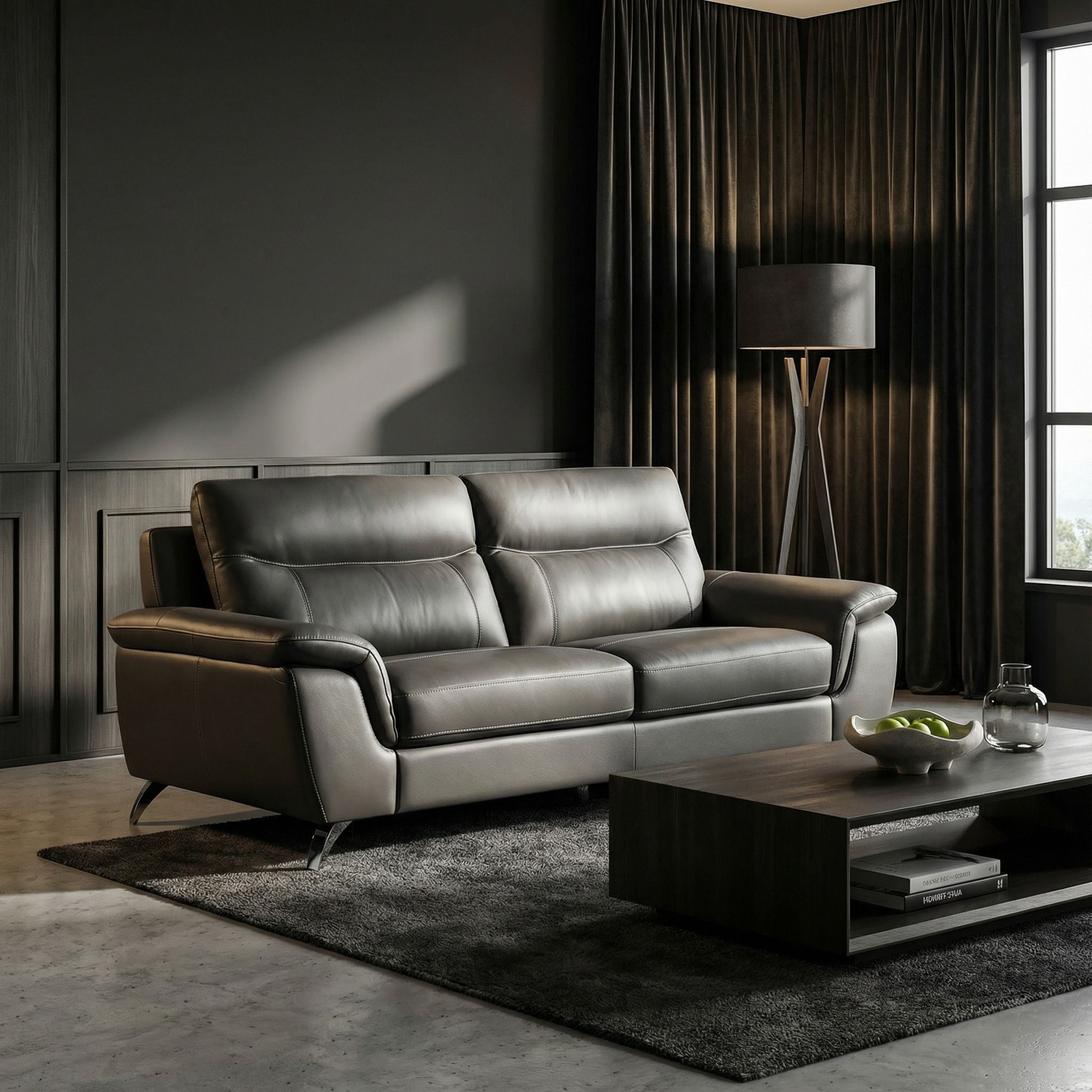 Chicago Genuine Leather Sofa, Dark Grey 79"