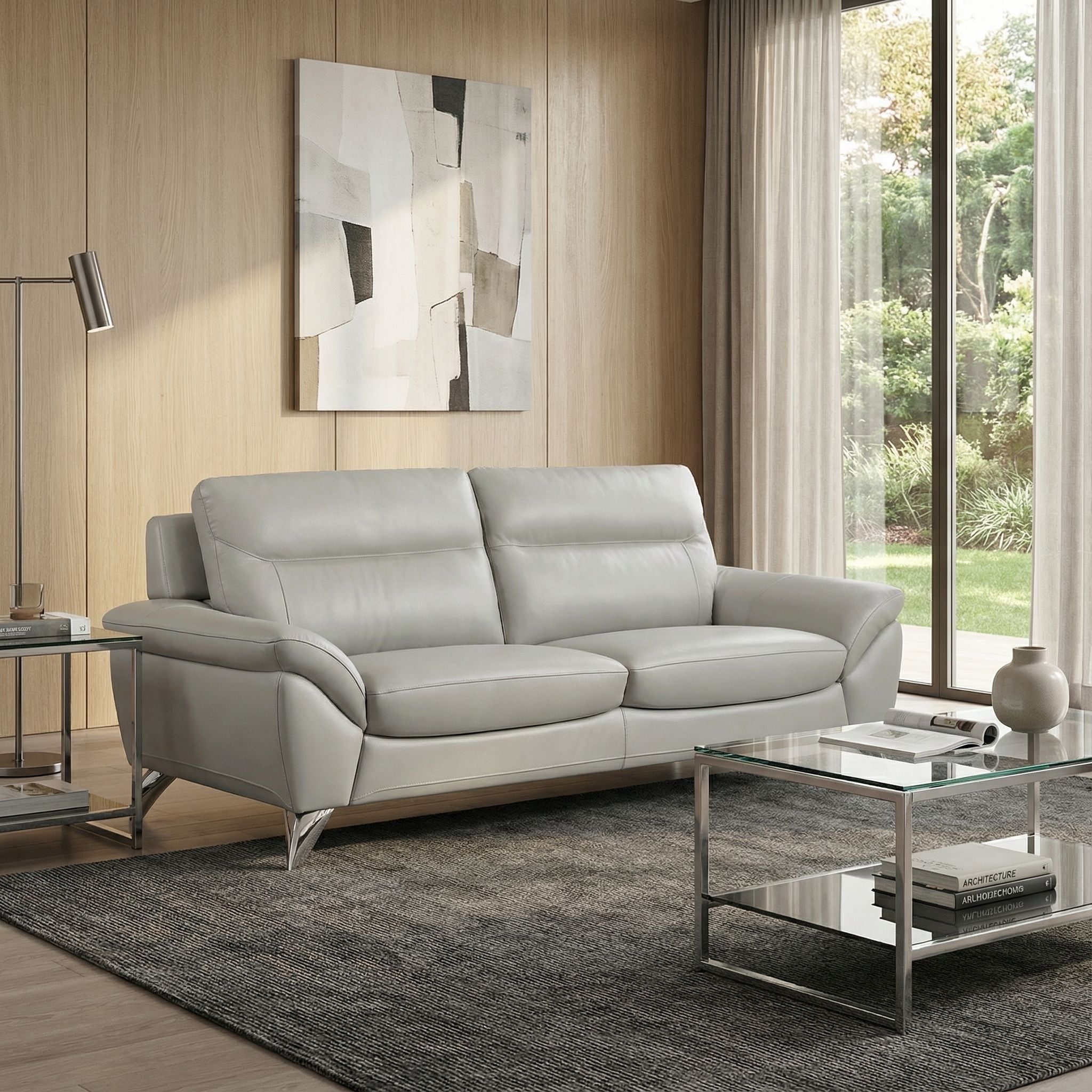 Contemporary Monaco Genuine Leather Sofa, Light Grey 78"