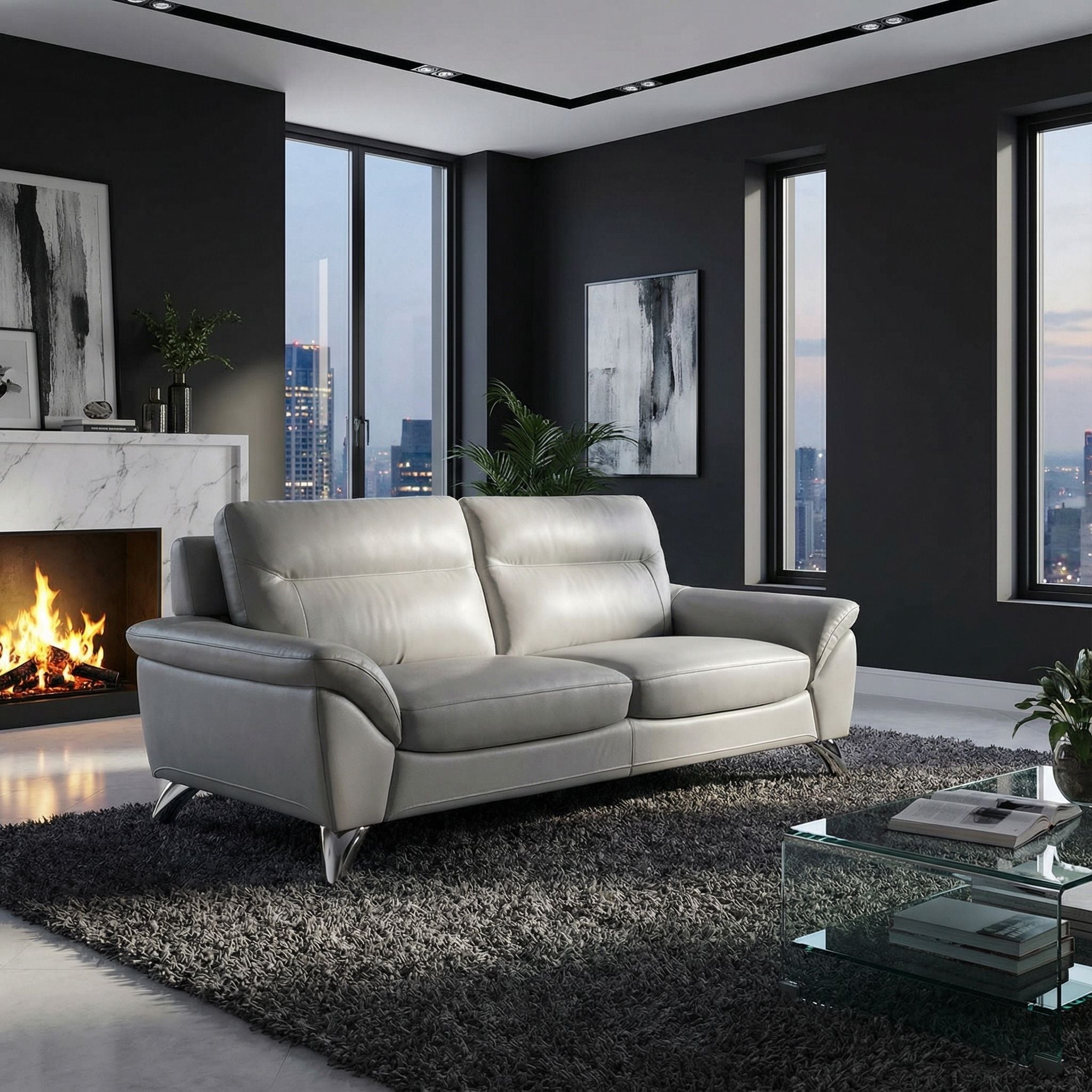 Contemporary Monaco Genuine Leather Sofa, Light Grey 78"