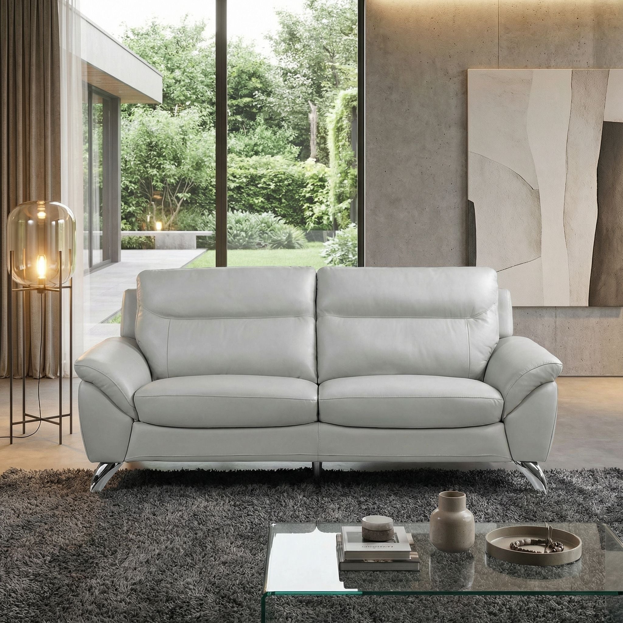 Contemporary Monaco Genuine Leather Sofa, Light Grey 78"