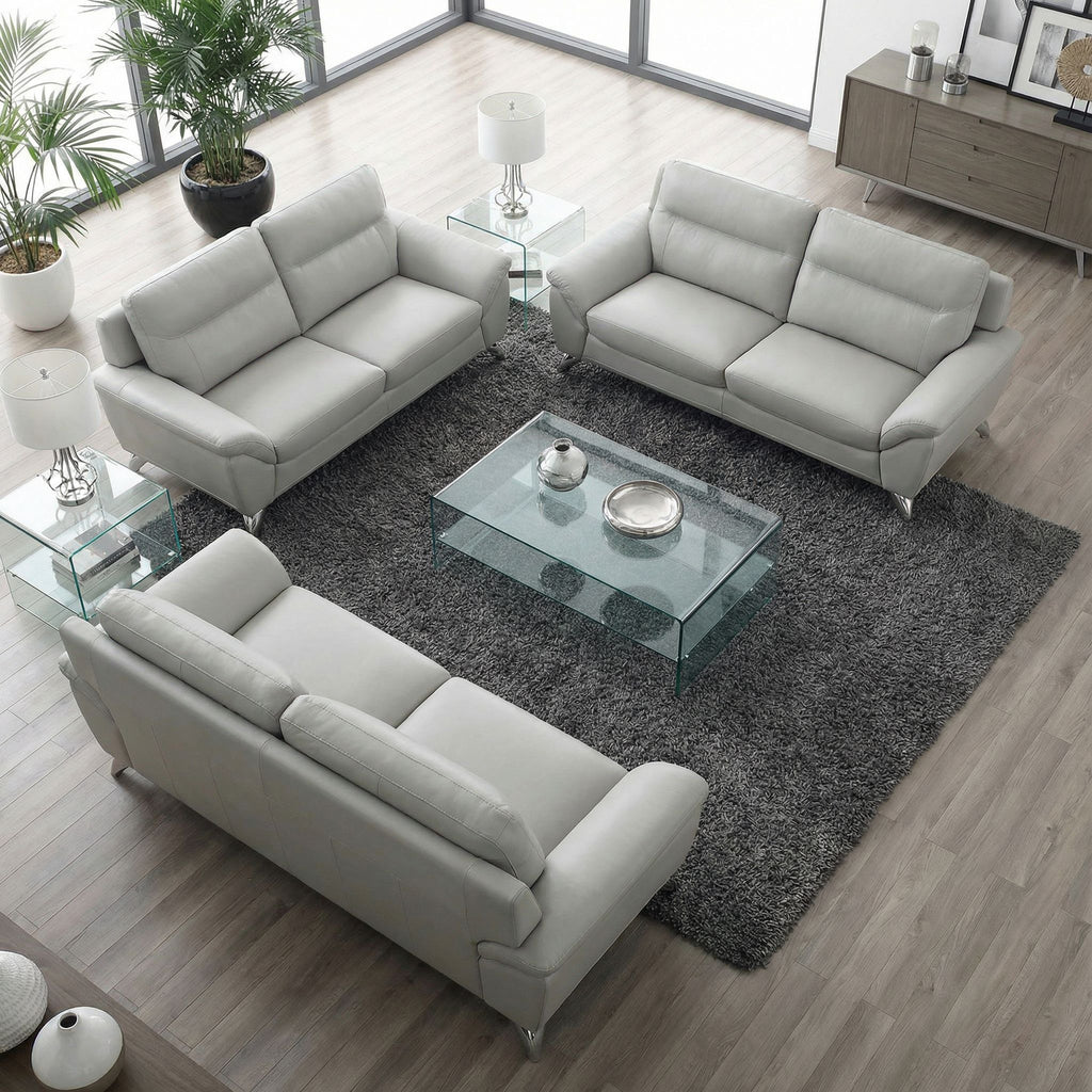 Contemporary Monaco Genuine Leather Sofa, Light Grey 78"