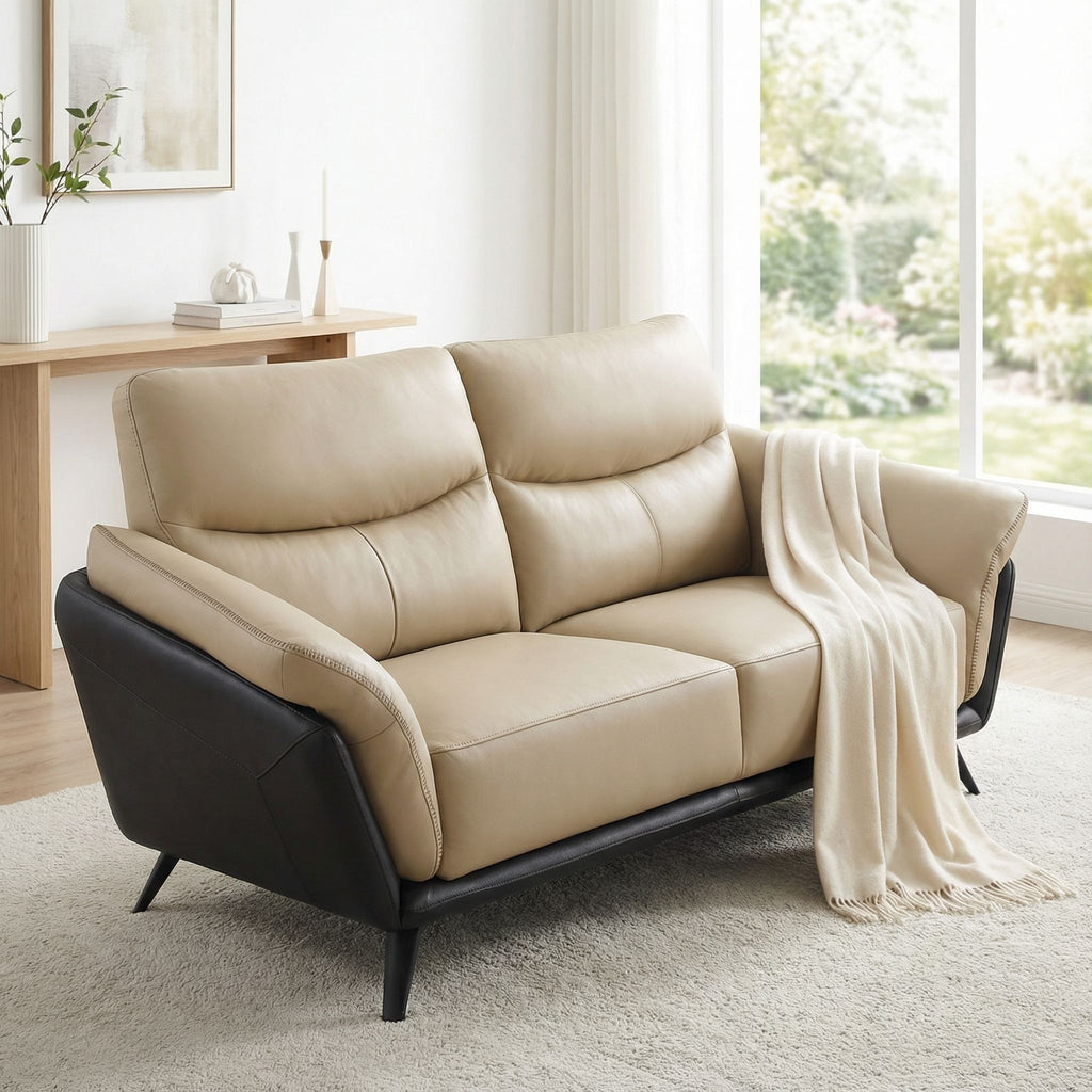 Paris Genuine Full Leather Sofa, 2 Tone Combination of Black and Beige, 80"