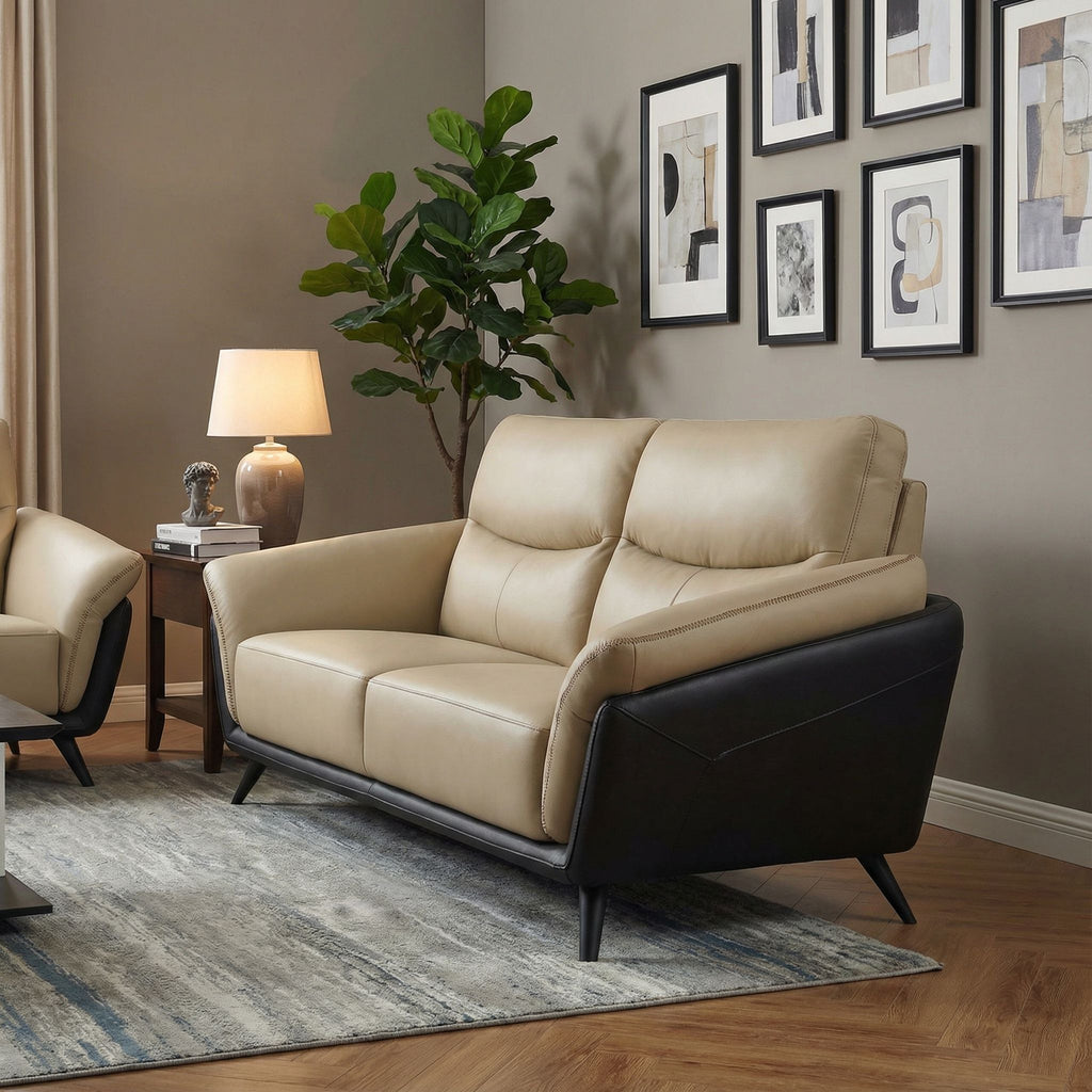 Paris Genuine Full Leather Sofa, 2 Tone Combination of Black and Beige, 80"