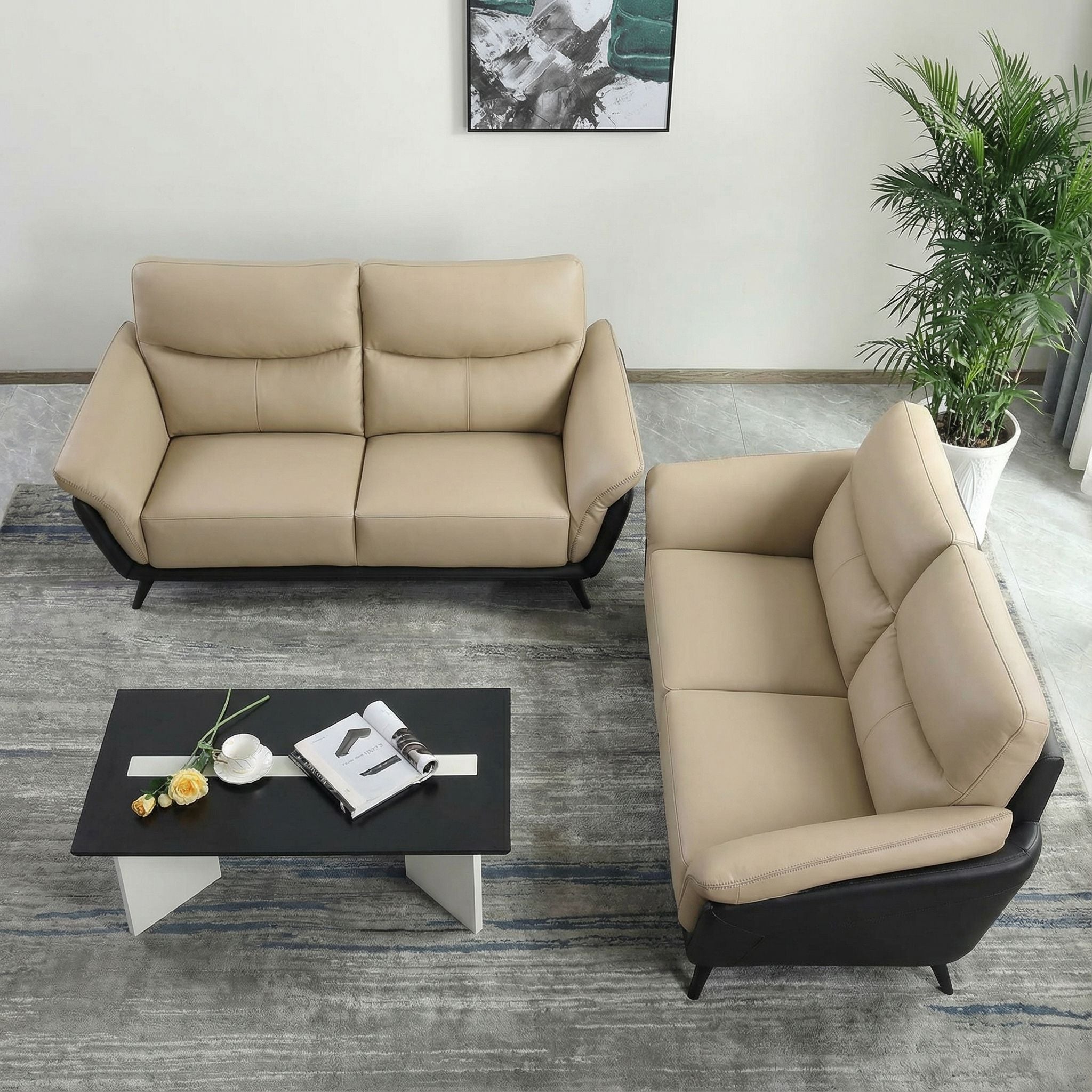 Paris Genuine Full Leather Sofa, 2 Tone Combination of Black and Beige, 80"
