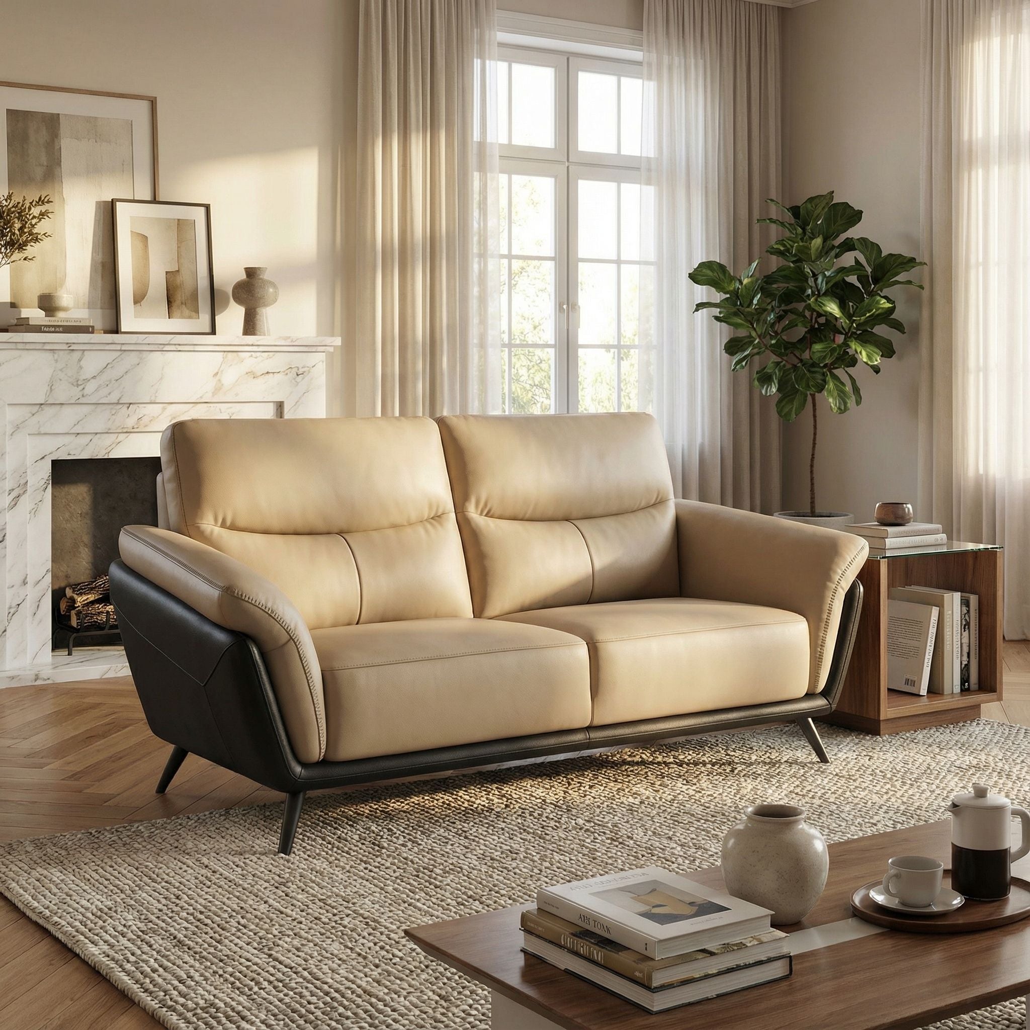 Paris Genuine Full Leather Sofa, 2 Tone Combination of Black and Beige, 80"