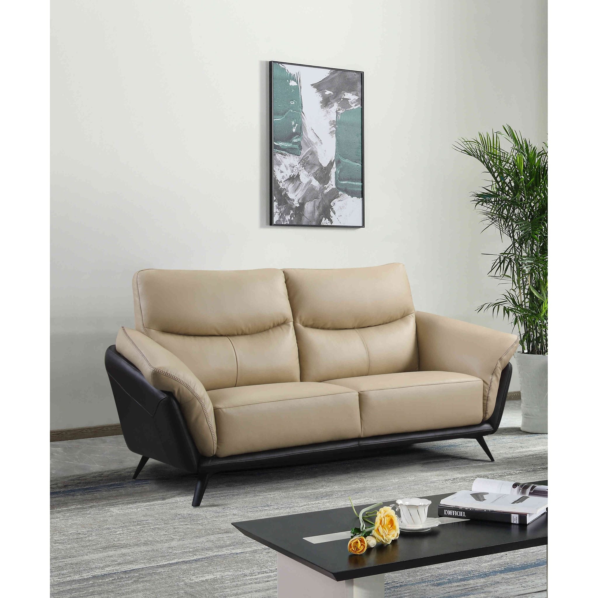 Paris Genuine Full Leather Sofa, 2 Tone Combination of Black and Beige, 80"