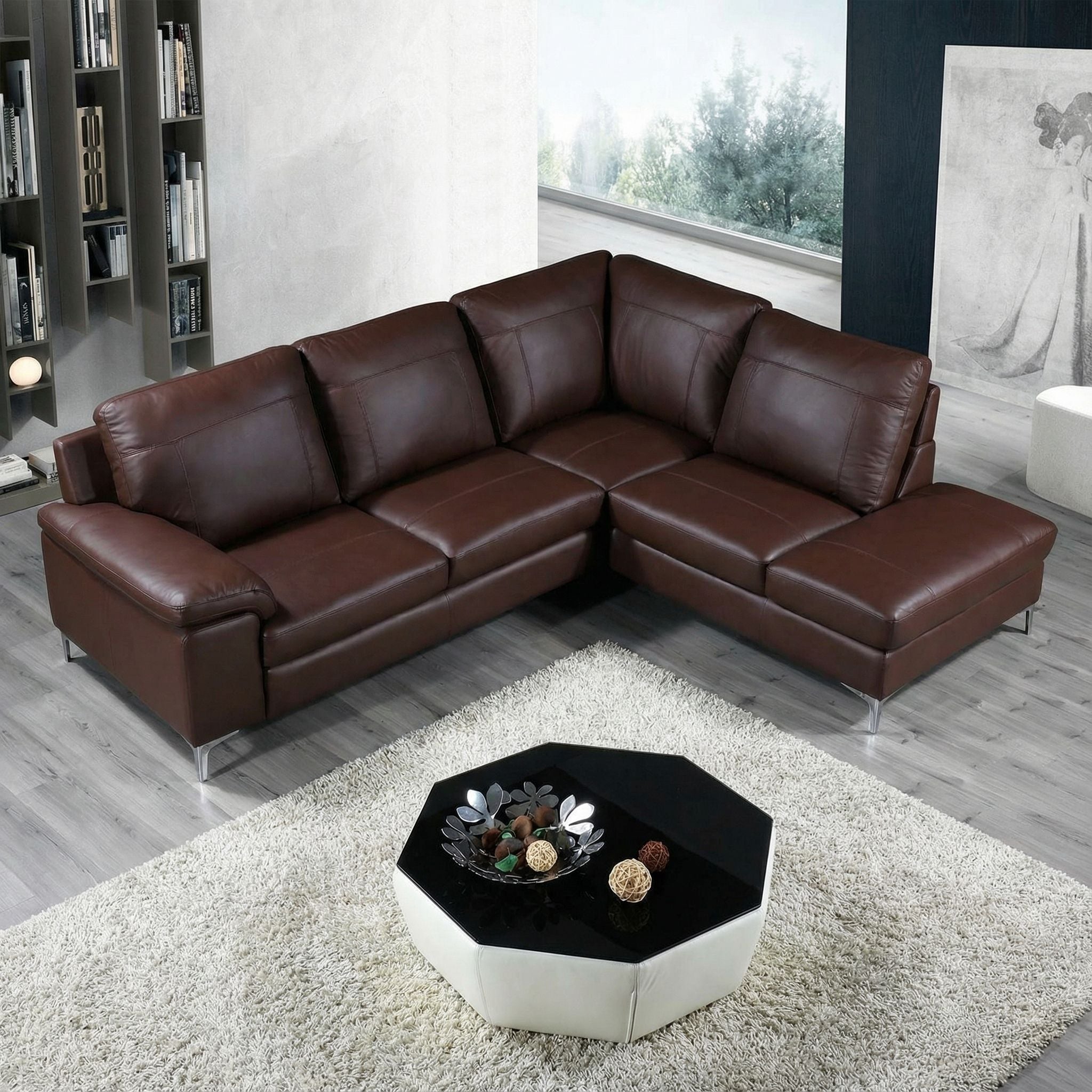 Contemporary Houston Genuine Leather Sectional Sofa with Right Side Facing Chaise Lounge, Brown 98"x80"