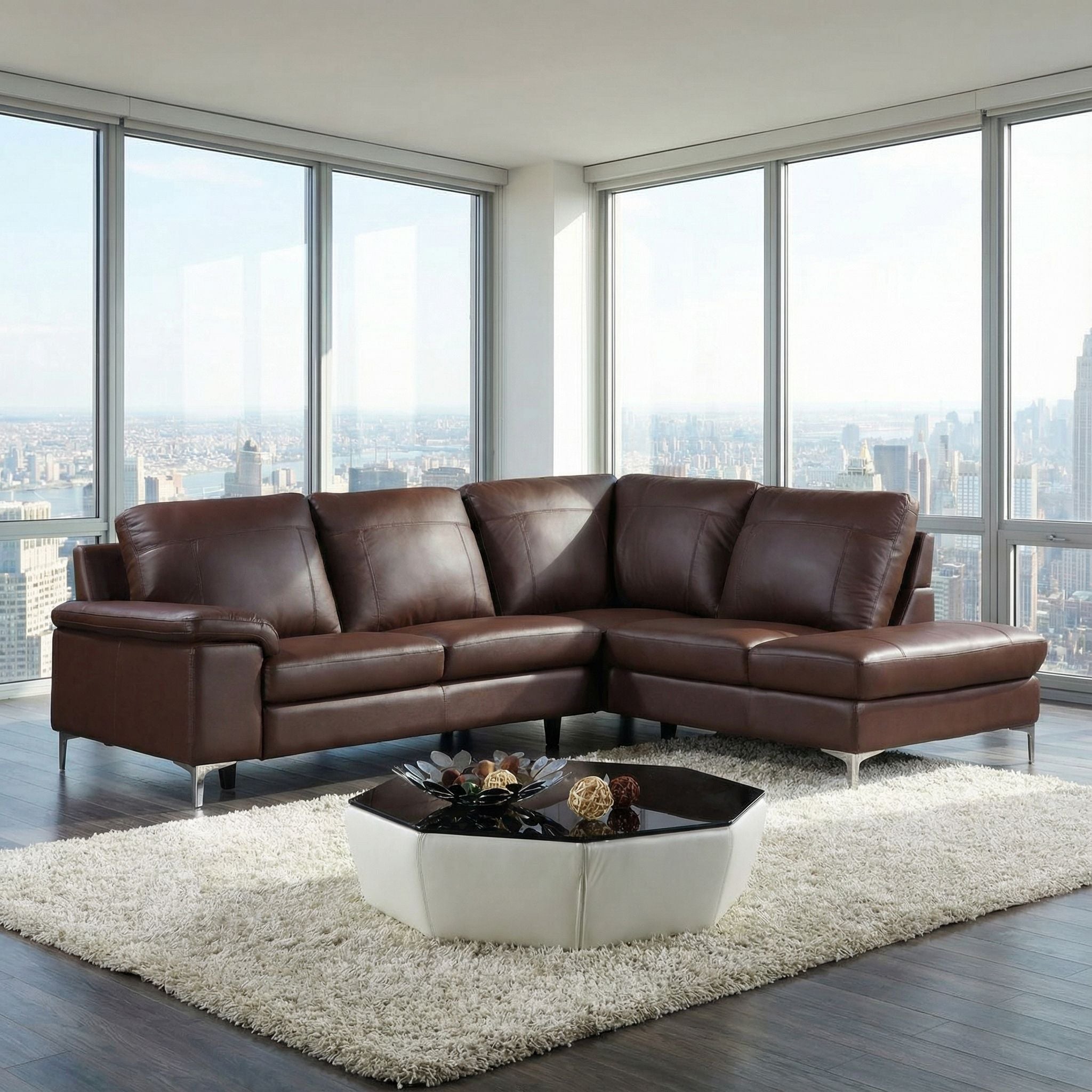 Contemporary Houston Genuine Leather Sectional Sofa with Right Side Facing Chaise Lounge, Brown 98"x80"