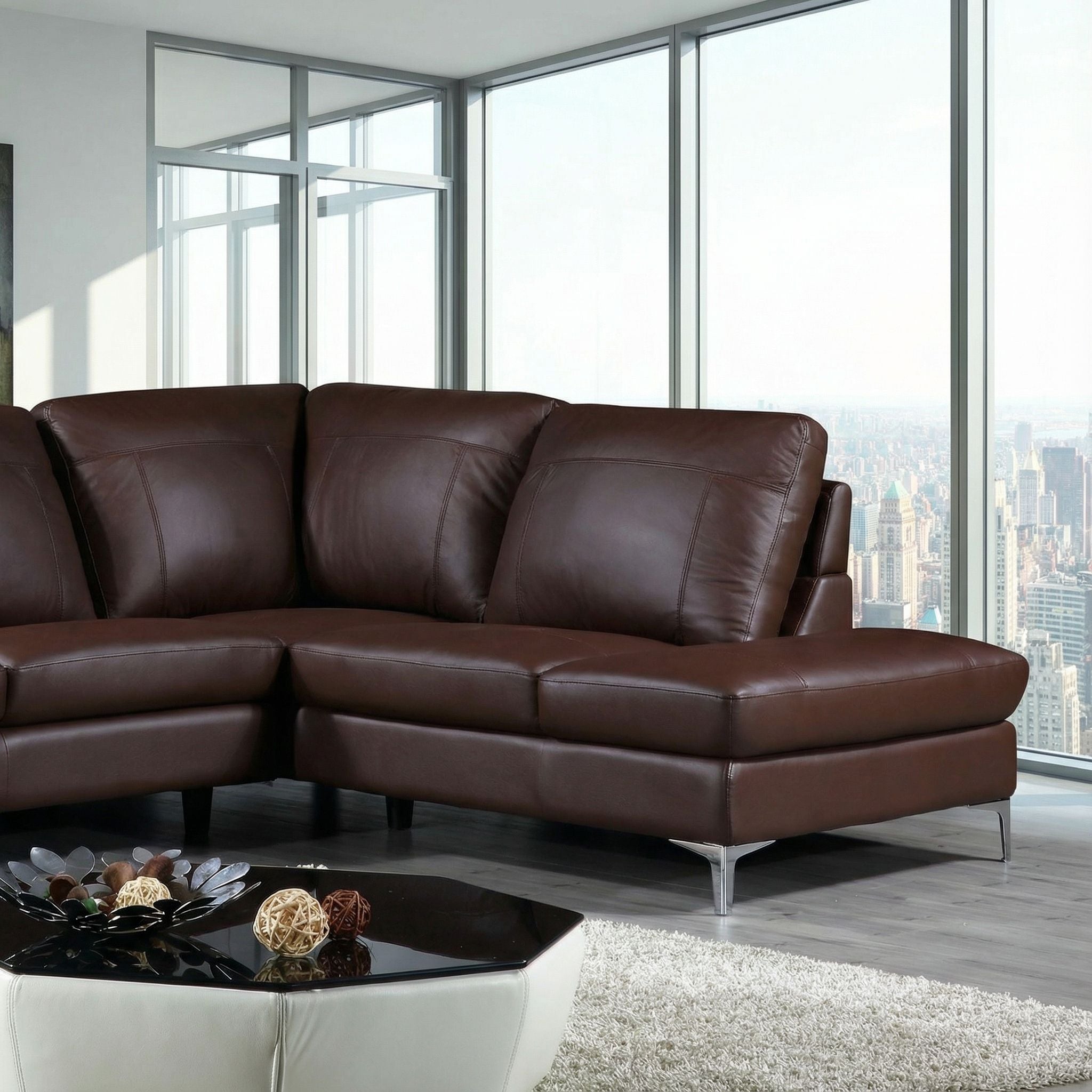 Contemporary Houston Genuine Leather Sectional Sofa with Right Side Facing Chaise Lounge, Brown 98"x80"