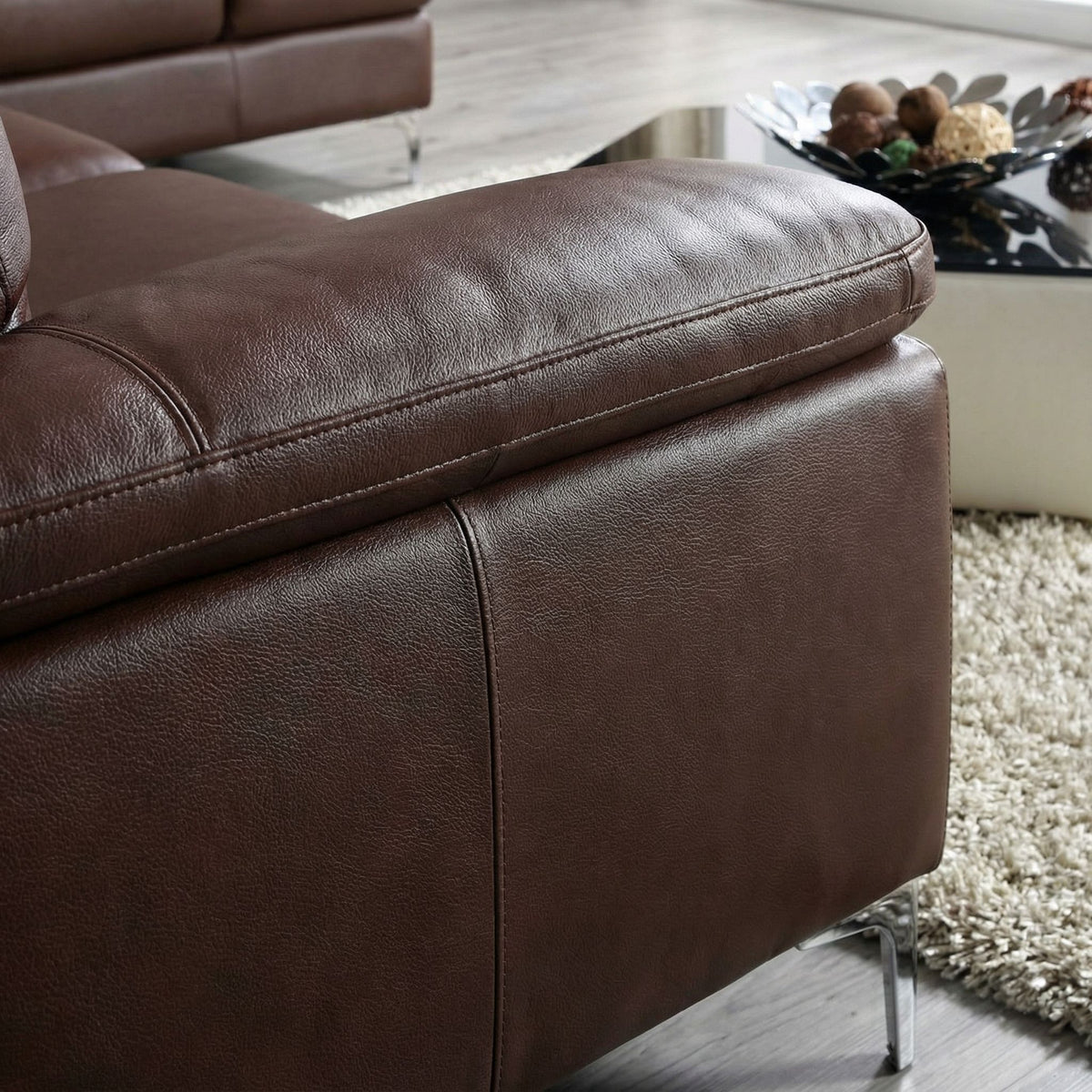 Contemporary Houston Genuine Leather Sectional Sofa with Right Side Facing Chaise Lounge, Brown 98"x80"