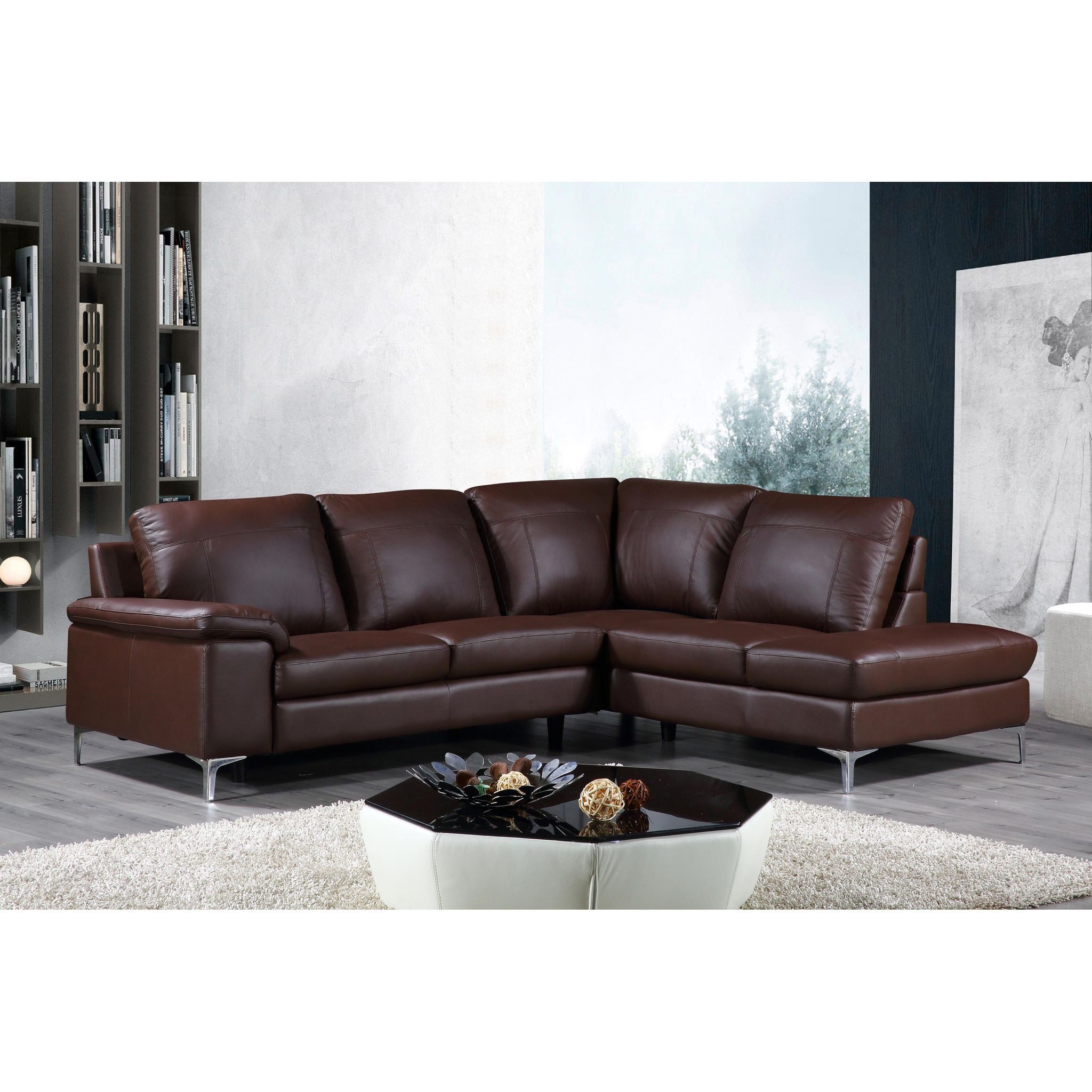 Contemporary Houston Genuine Leather Sectional Sofa with Right Side Facing Chaise Lounge, Brown 98"x80"