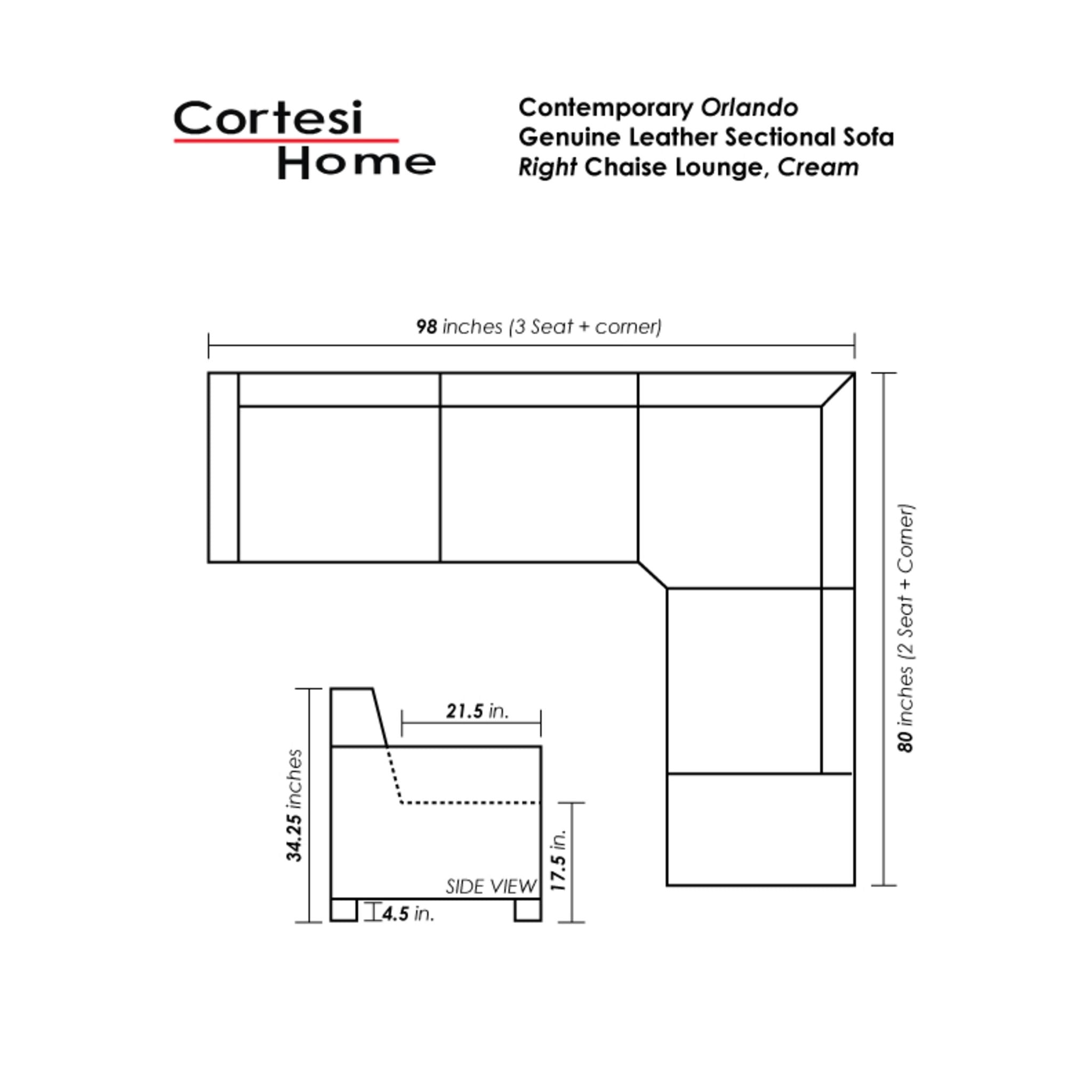 Cortesi Home Contemporary Orlando Genuine Leather Sectional Sofa with Right Side Facing Chaise Lounge, Off White 98"x80"