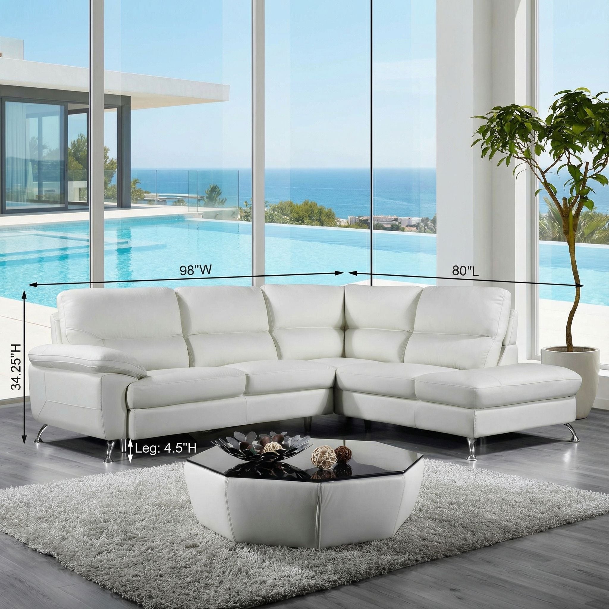 Cortesi Home Contemporary Orlando Genuine Leather Sectional Sofa with Right Side Facing Chaise Lounge, Off White 98"x80"