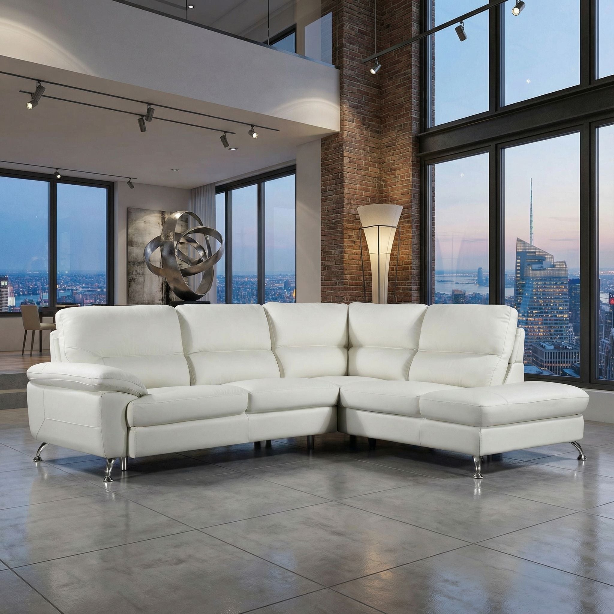 Cortesi Home Contemporary Orlando Genuine Leather Sectional Sofa with Right Side Facing Chaise Lounge, Off White 98"x80"