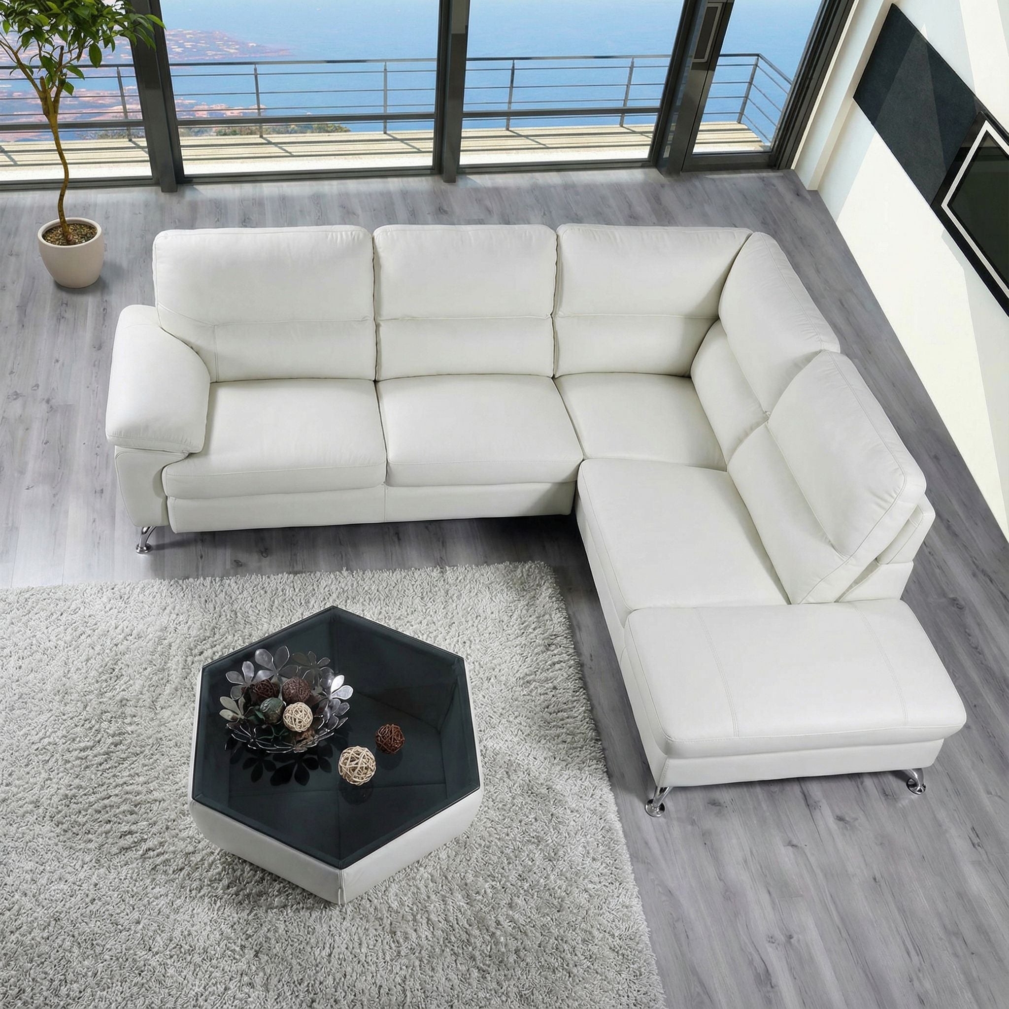 Cortesi Home Contemporary Orlando Genuine Leather Sectional Sofa with Right Side Facing Chaise Lounge, Off White 98"x80"