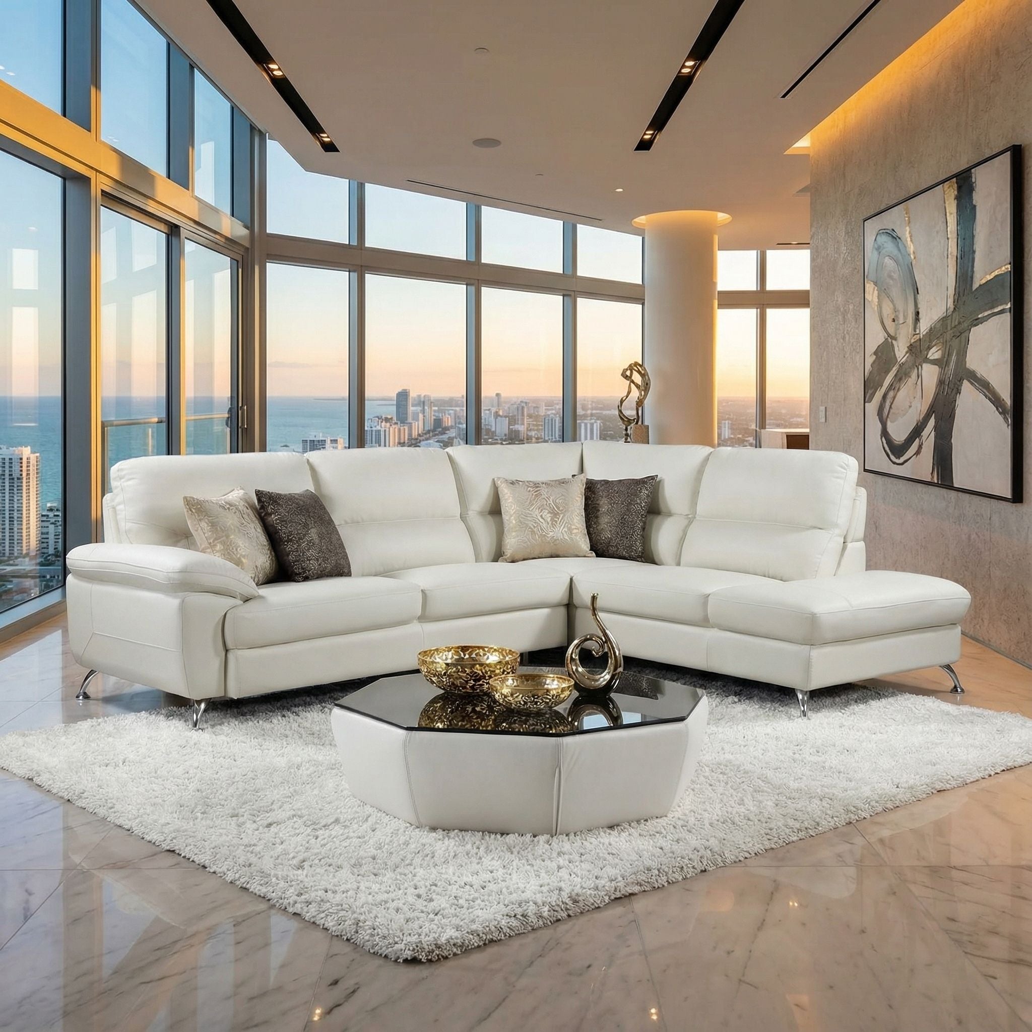 Cortesi Home Contemporary Orlando Genuine Leather Sectional Sofa with Right Side Facing Chaise Lounge, Off White 98"x80"