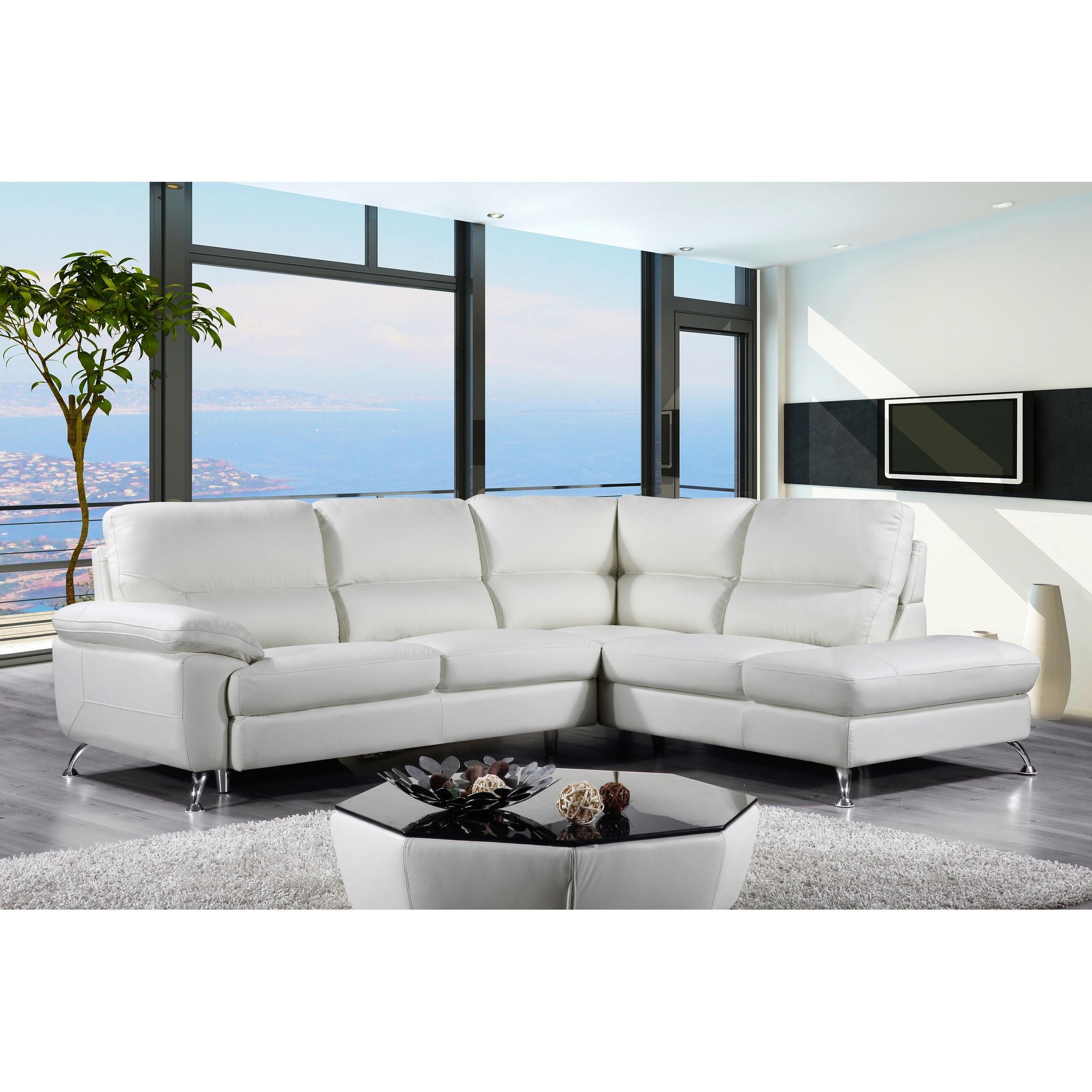 Cortesi Home Contemporary Orlando Genuine Leather Sectional Sofa with Right Side Facing Chaise Lounge, Off White 98"x80"
