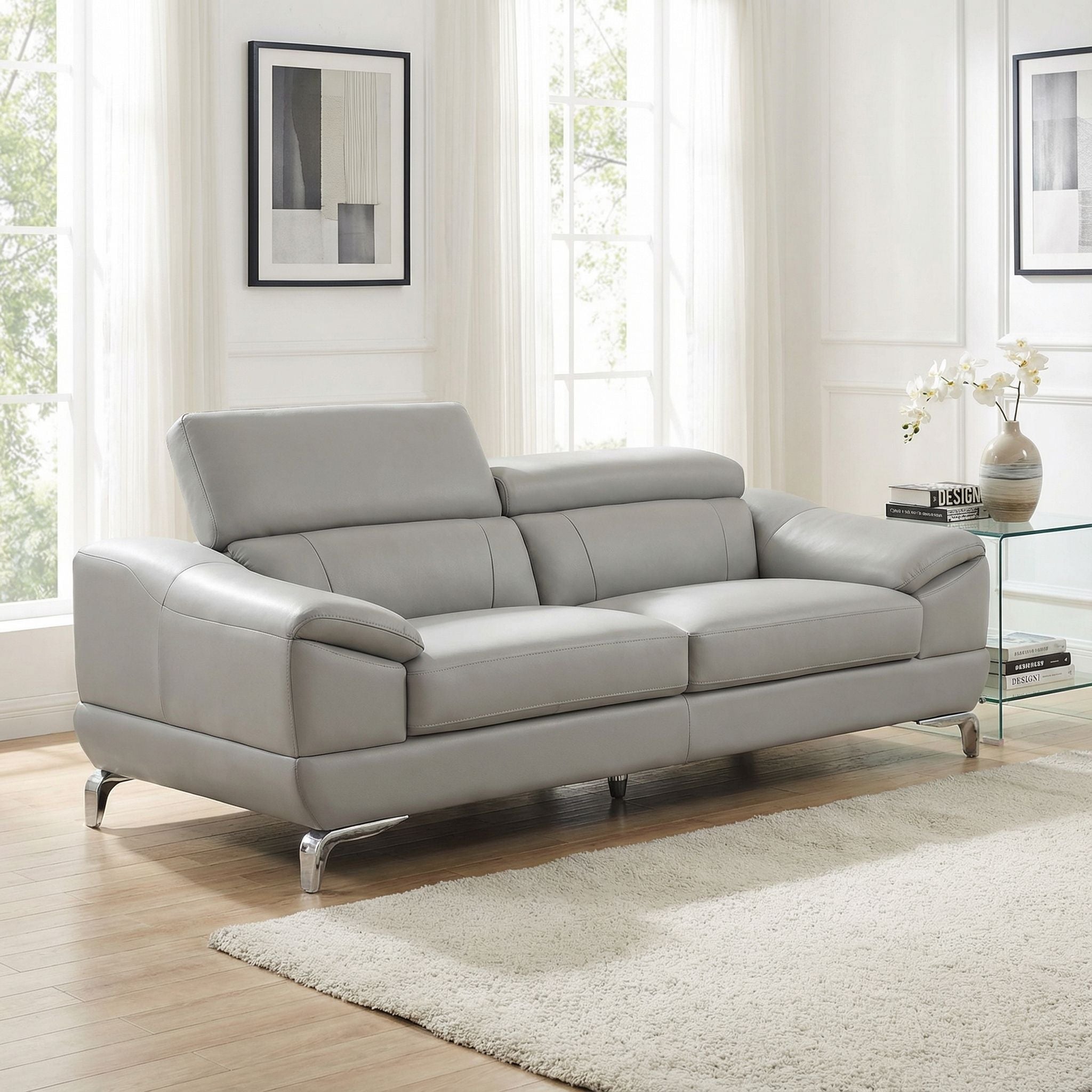 Vegas Genuine Leather Sofa with Adjustable Headrests, Light Grey 82"