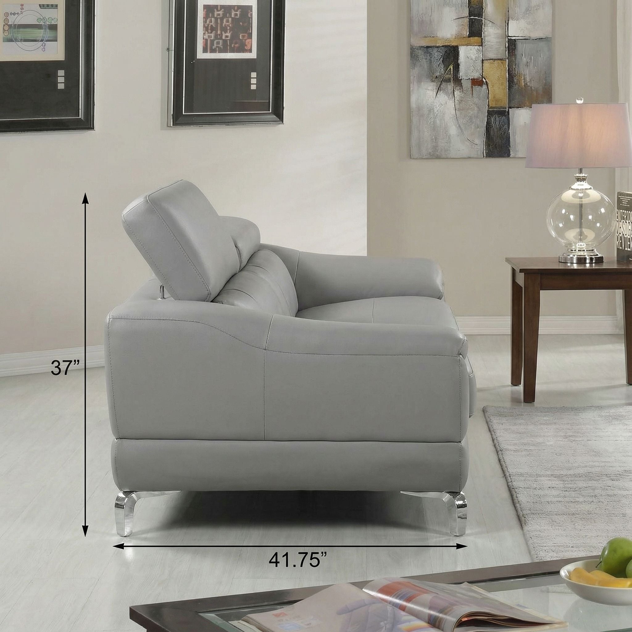 Vegas Genuine Leather Sofa with Adjustable Headrests, Light Grey 82"