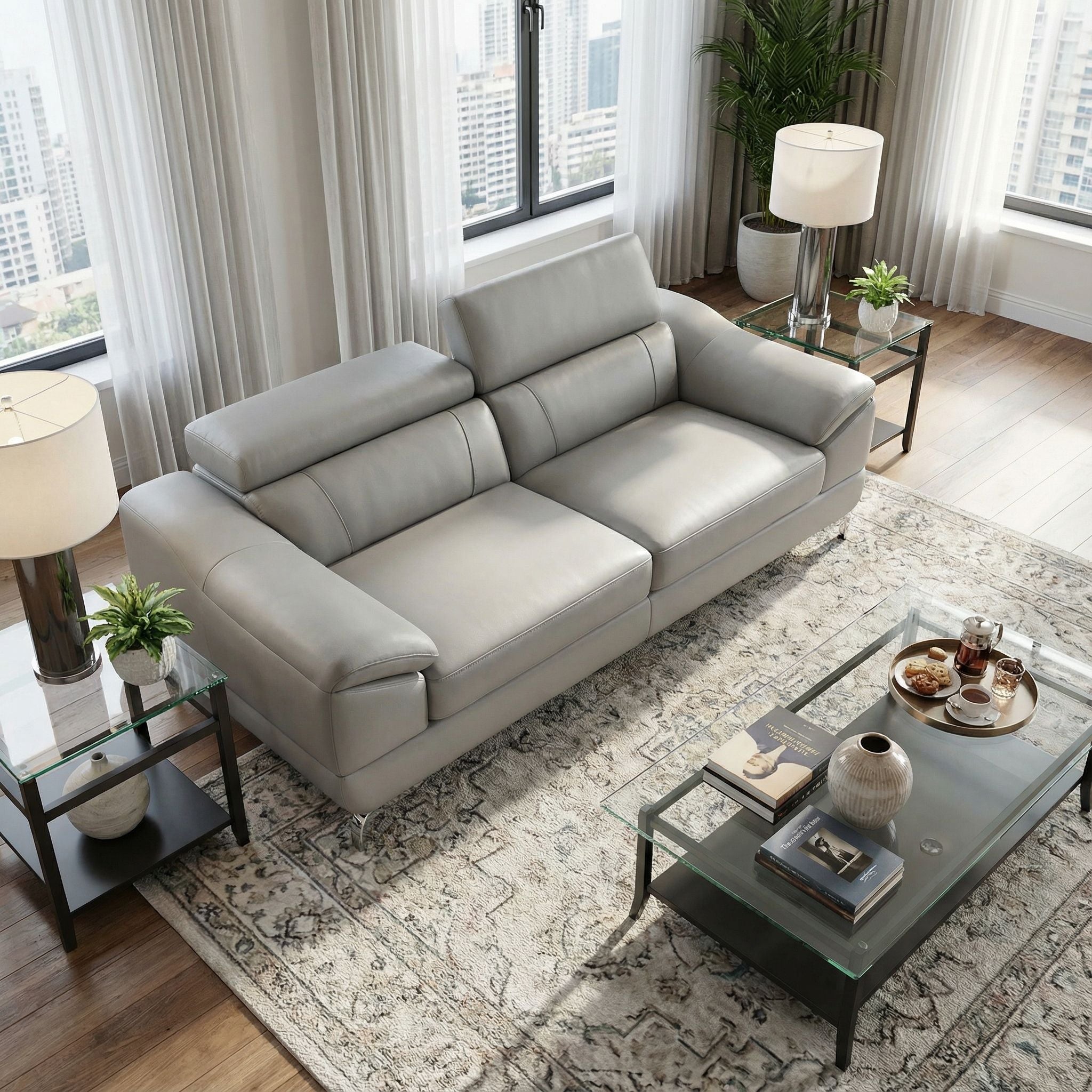Vegas Genuine Leather Sofa with Adjustable Headrests, Light Grey 82"