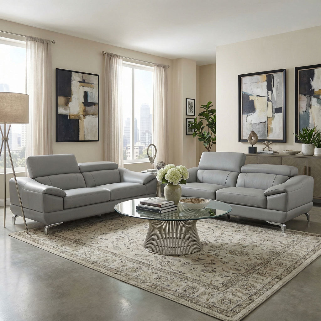 Vegas Genuine Leather Sofa with Adjustable Headrests, Light Grey 82"